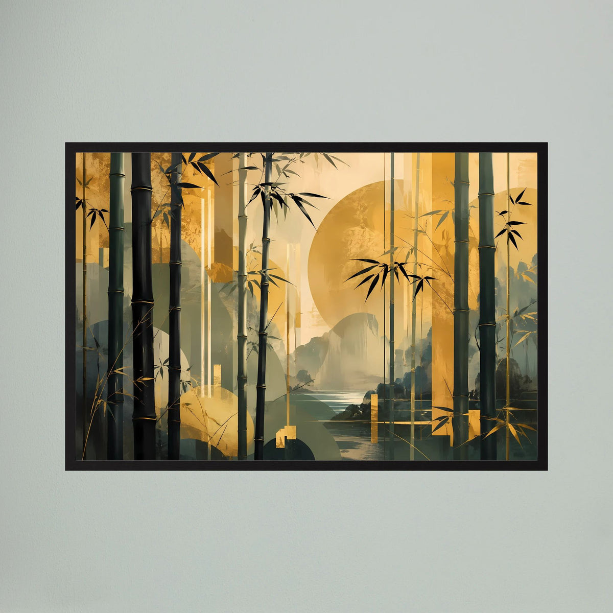 Bambuswald-Poster im Querformat, schwarz gerahmt: Gold, Dunkelgrün, Bambus und Mond