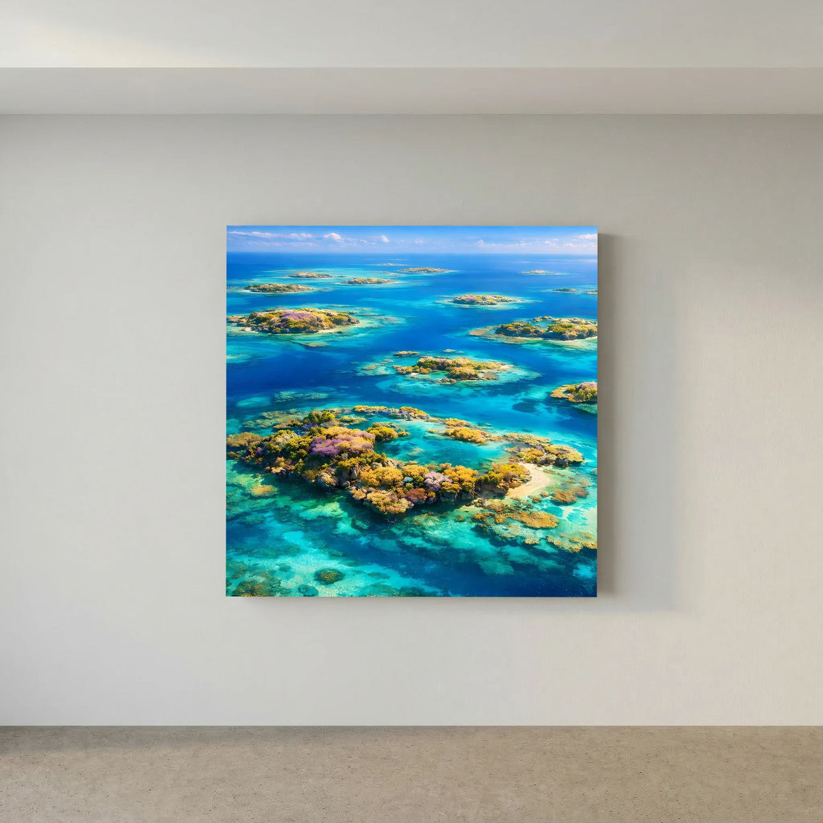 Quadratisches Leinwandbild auf Holzkeilrahmen mit tropischem Atoll im türkisblauen Wasser