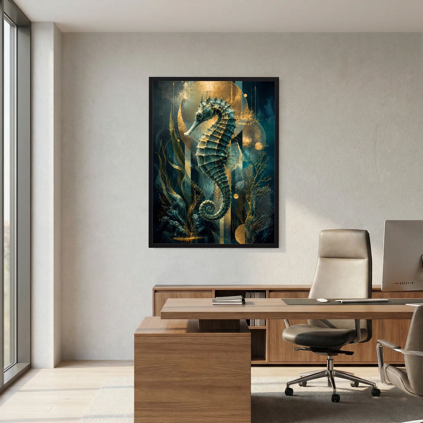Gerahmtes Poster mit Seepferdchen in Petrol und Gold, schimmernde Blasenoptik
