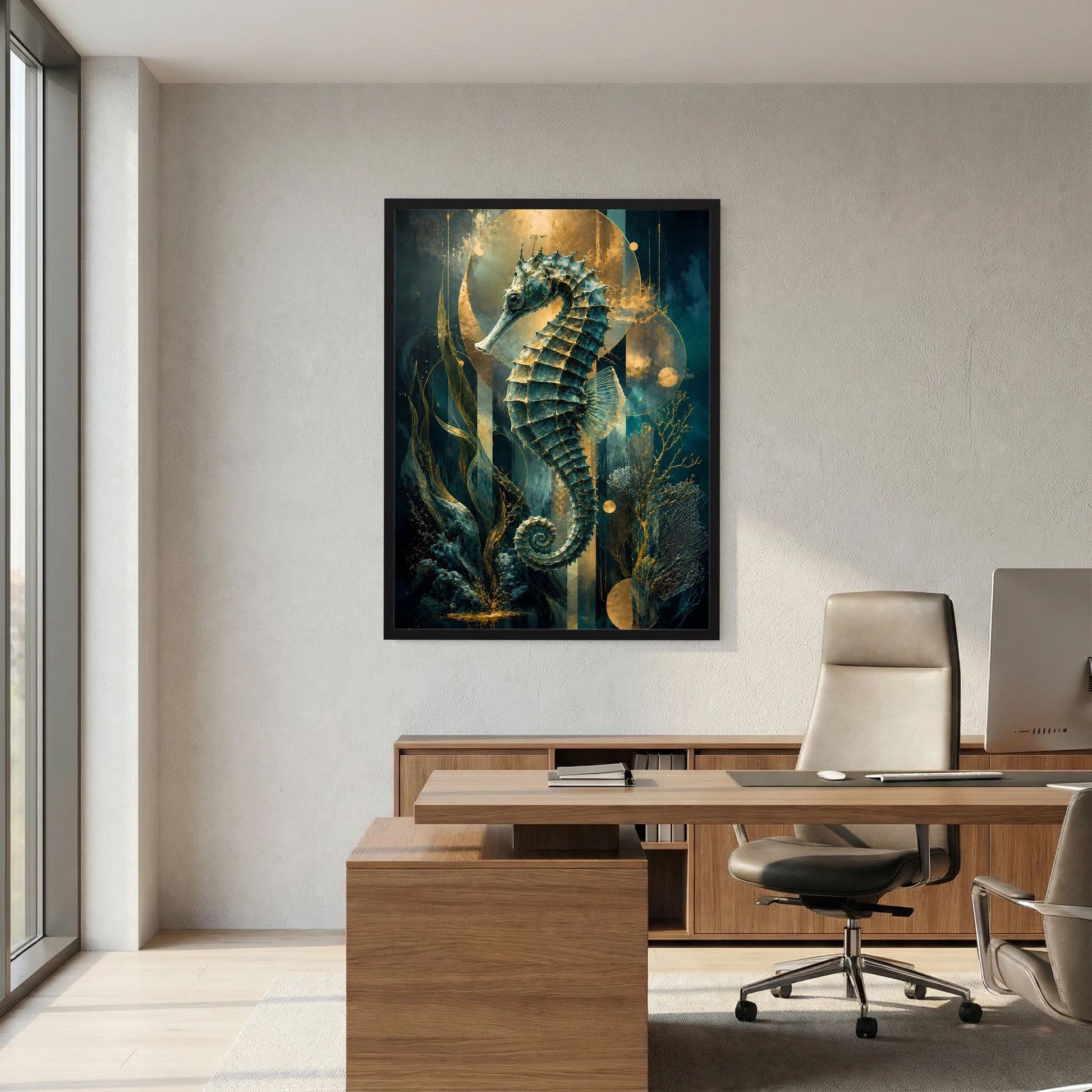 Gerahmtes Poster mit Seepferdchen in Petrol und Gold, schimmernde Blasenoptik