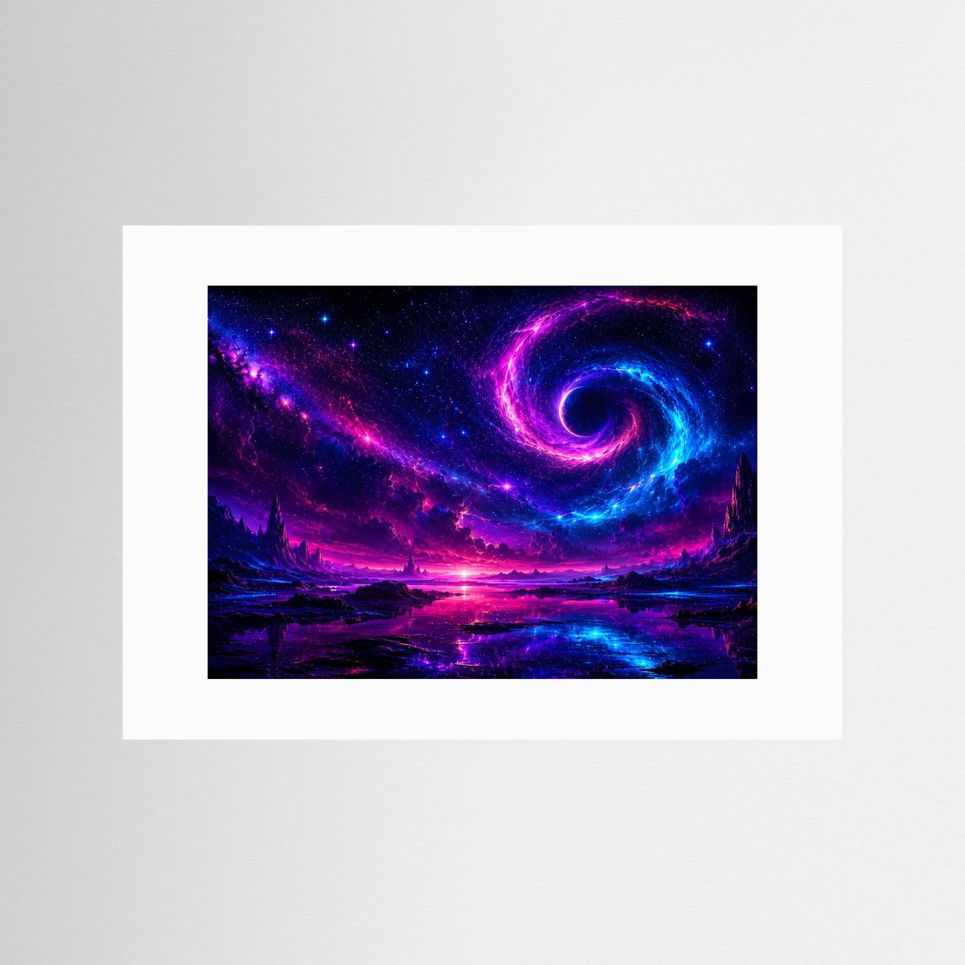 Kosmischer Wirbel Poster Querformat | Neon Galaxie Wandbild in Pink Blau | Futurale Weltraum Kunst mit Sternenhimmel