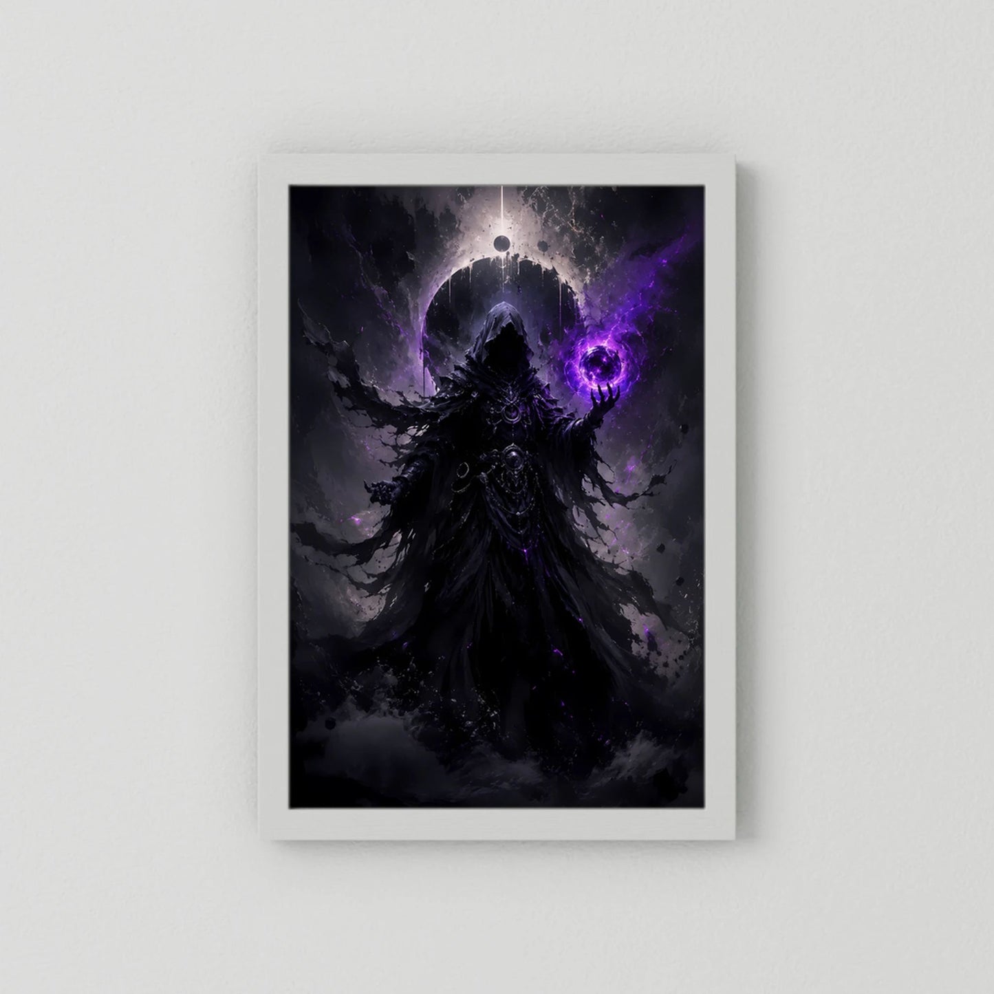 Fantasy-Poster mit weißem Rahmen: dunkler Magier mit violetter Energie