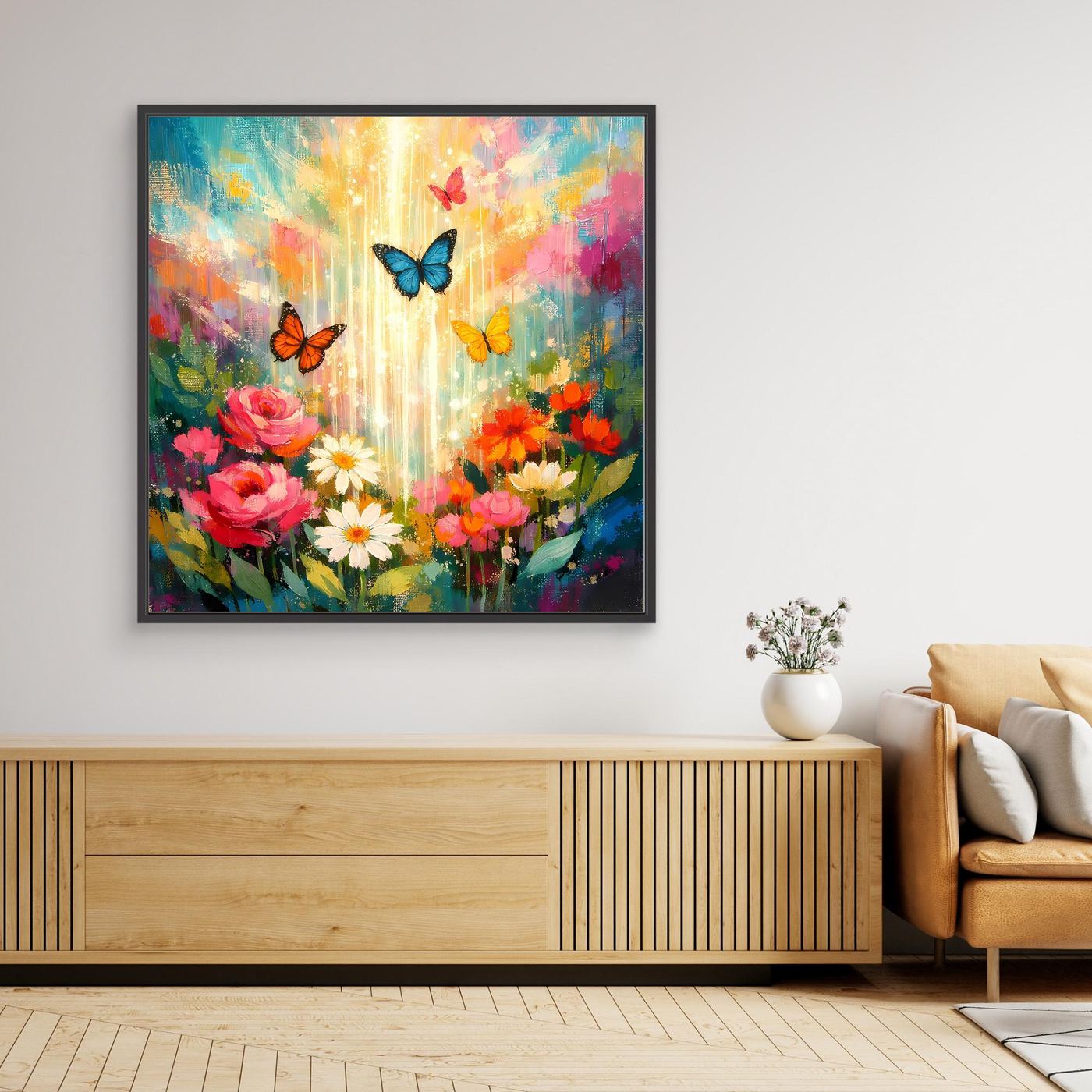 Wandbild mit Blumen und Schmetterlingen, abstrakt, farbenfroh, mit schwarzem Rahmen