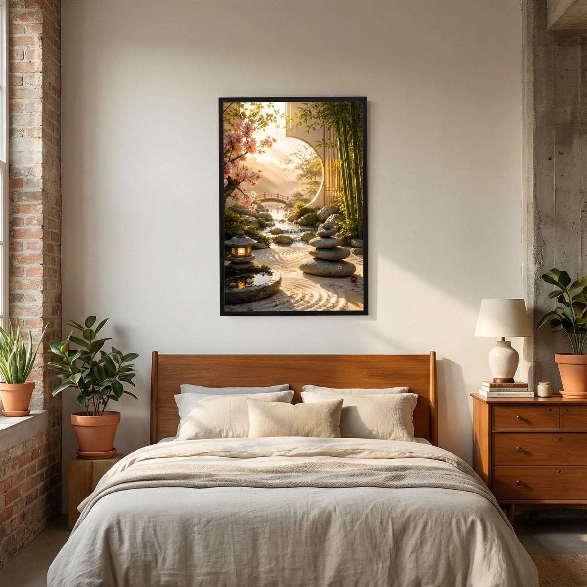 Hochformat-Poster Zen-Garten im schwarzen Rahmen: Bambus, Kirschblüten, Steinweg und Laterne