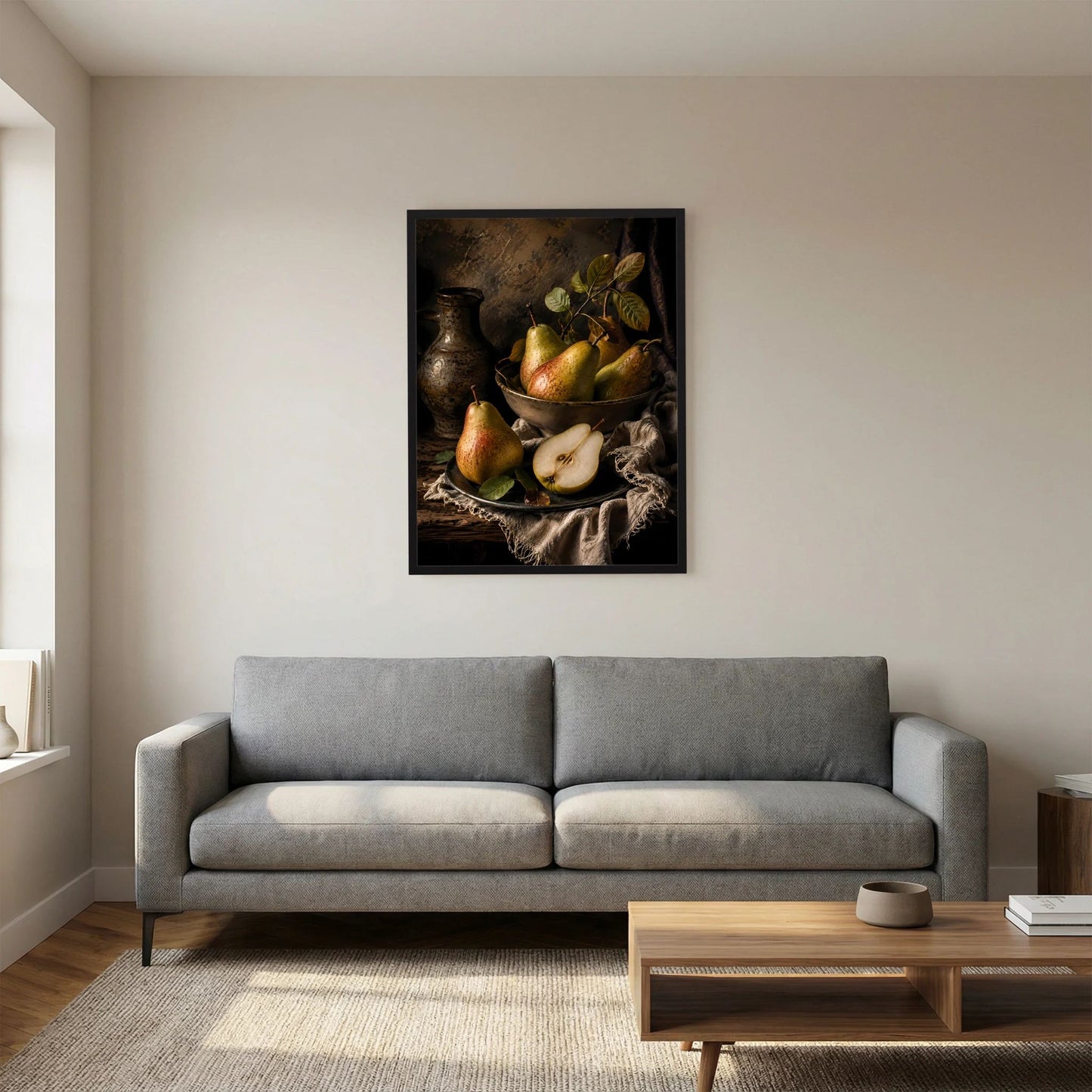Stillleben-Poster mit Birnen und Vase im schwarzen Rahmen, klar erkennbares Stillleben