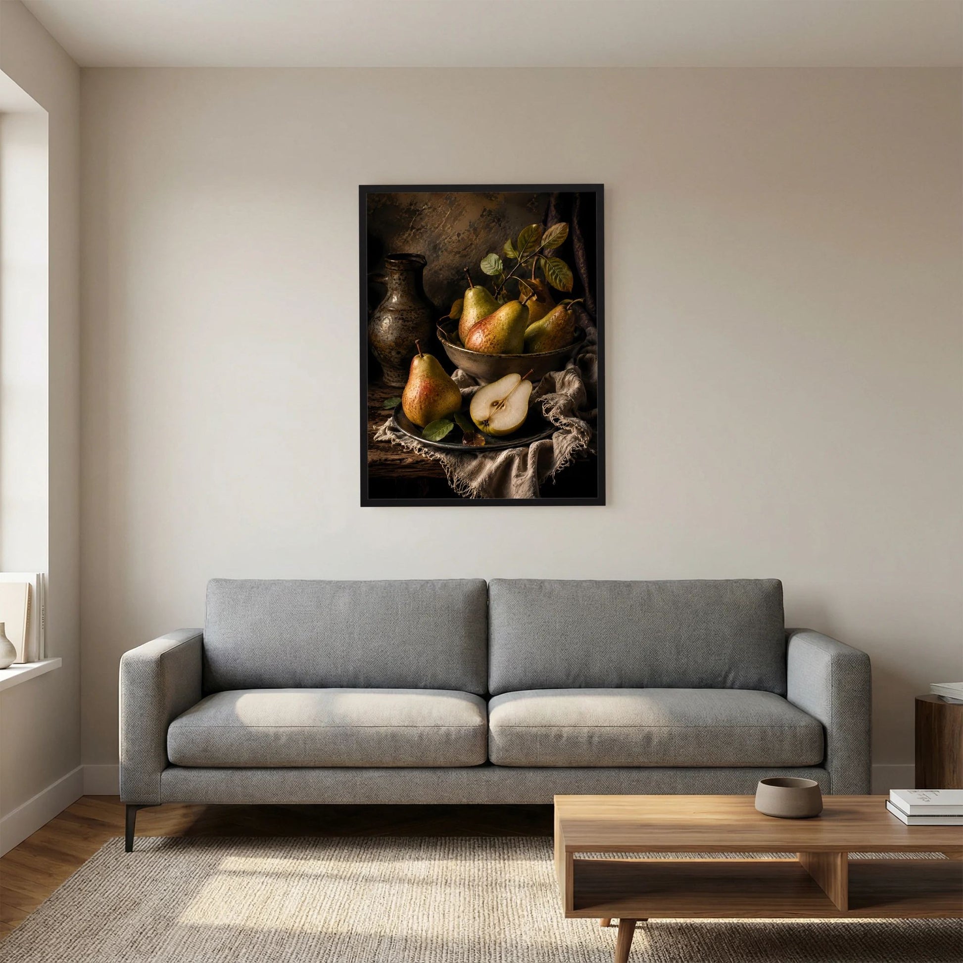 Stillleben-Poster mit Birnen und Vase im schwarzen Rahmen, klar erkennbares Stillleben