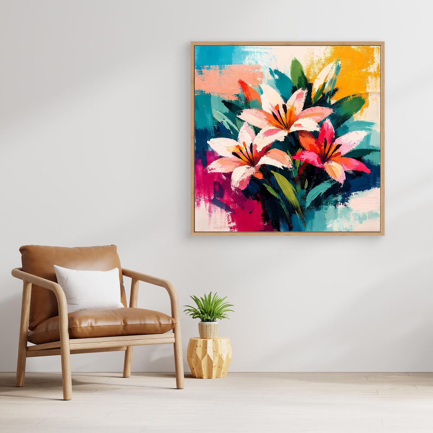 Abstract lily canvas wall art with colorful bouquet, gold frame