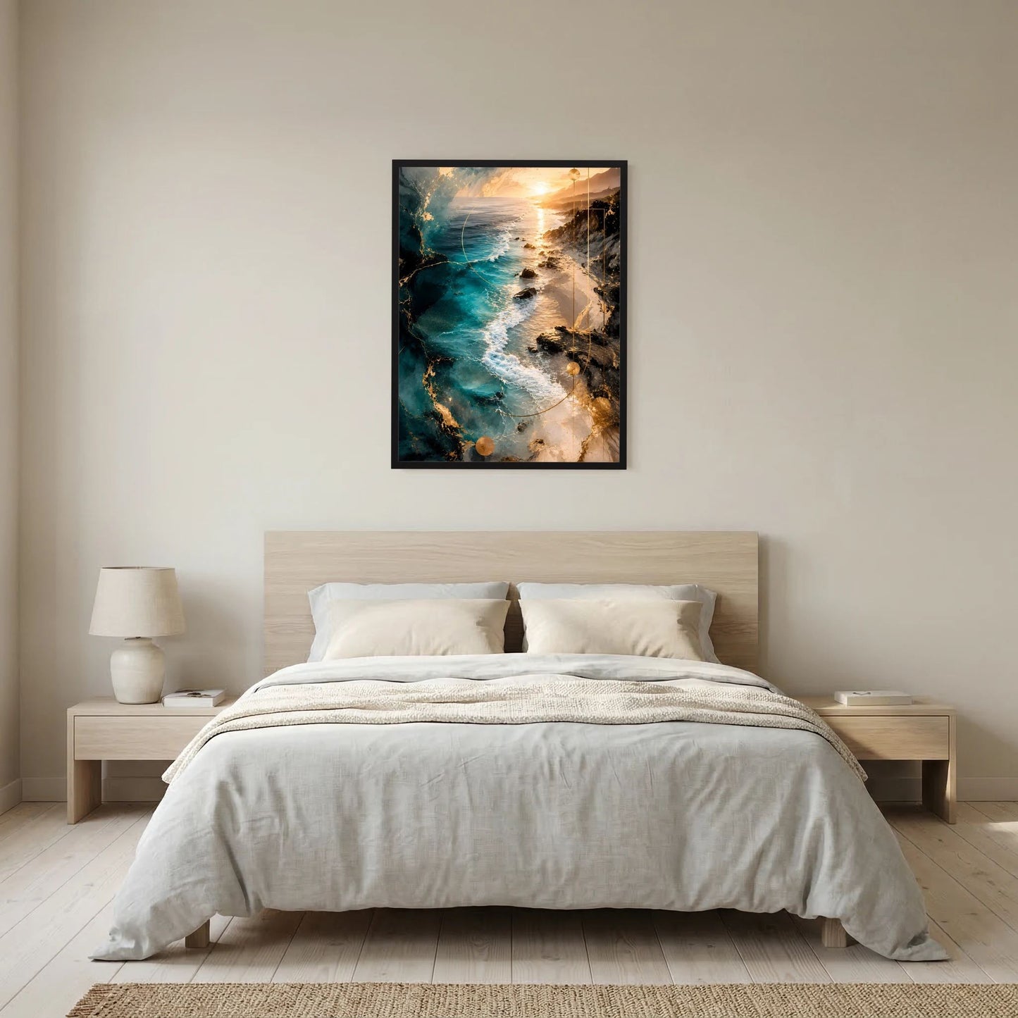 Poster mit abstrakter Meereslandschaft in Türkis und Gold, schwarz gerahmt, Hochformat