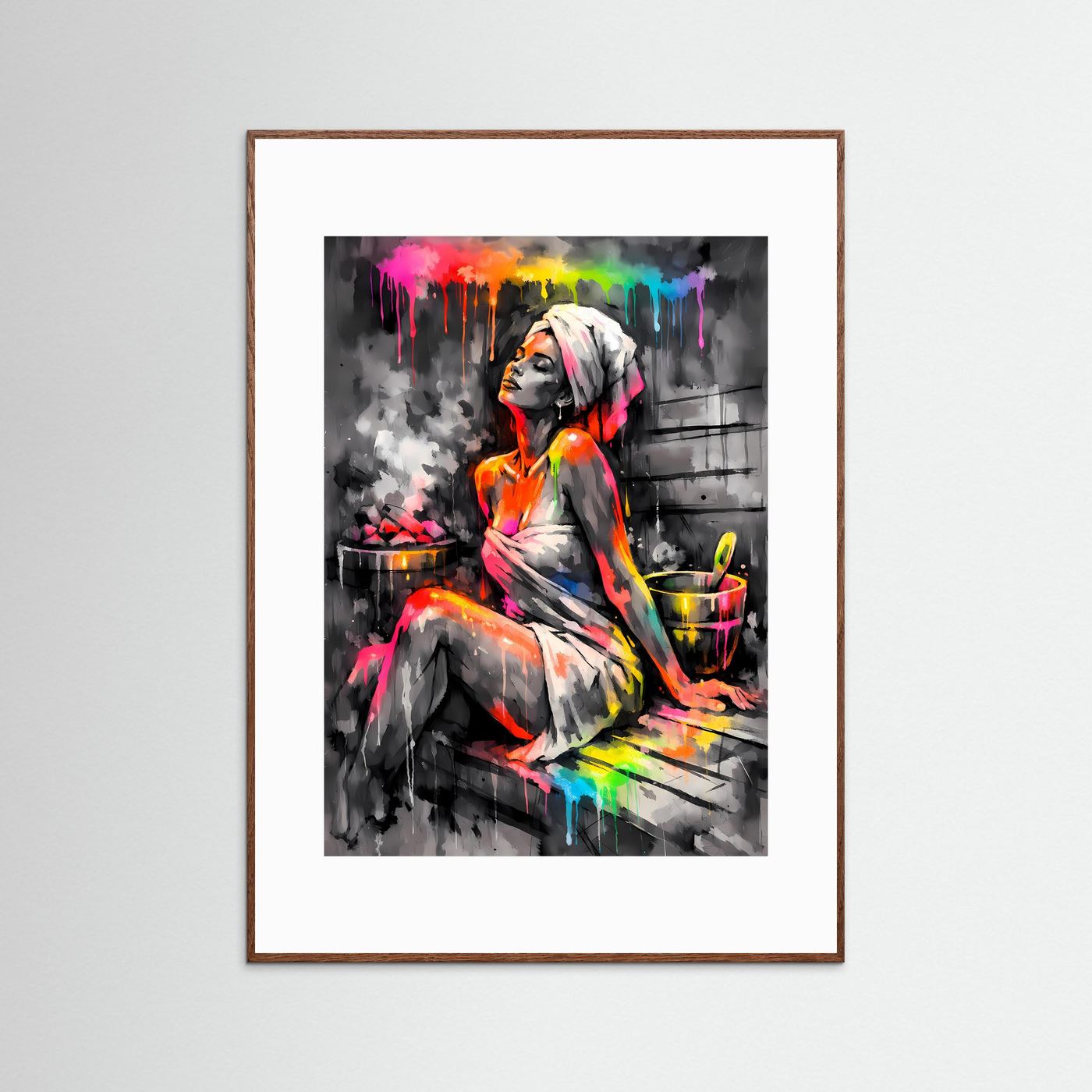 Oase der Entspannung | Modernes Sauna-Poster mit Regenbogen-Farbspritzern | Abstraktes Kunstposter Hochformat