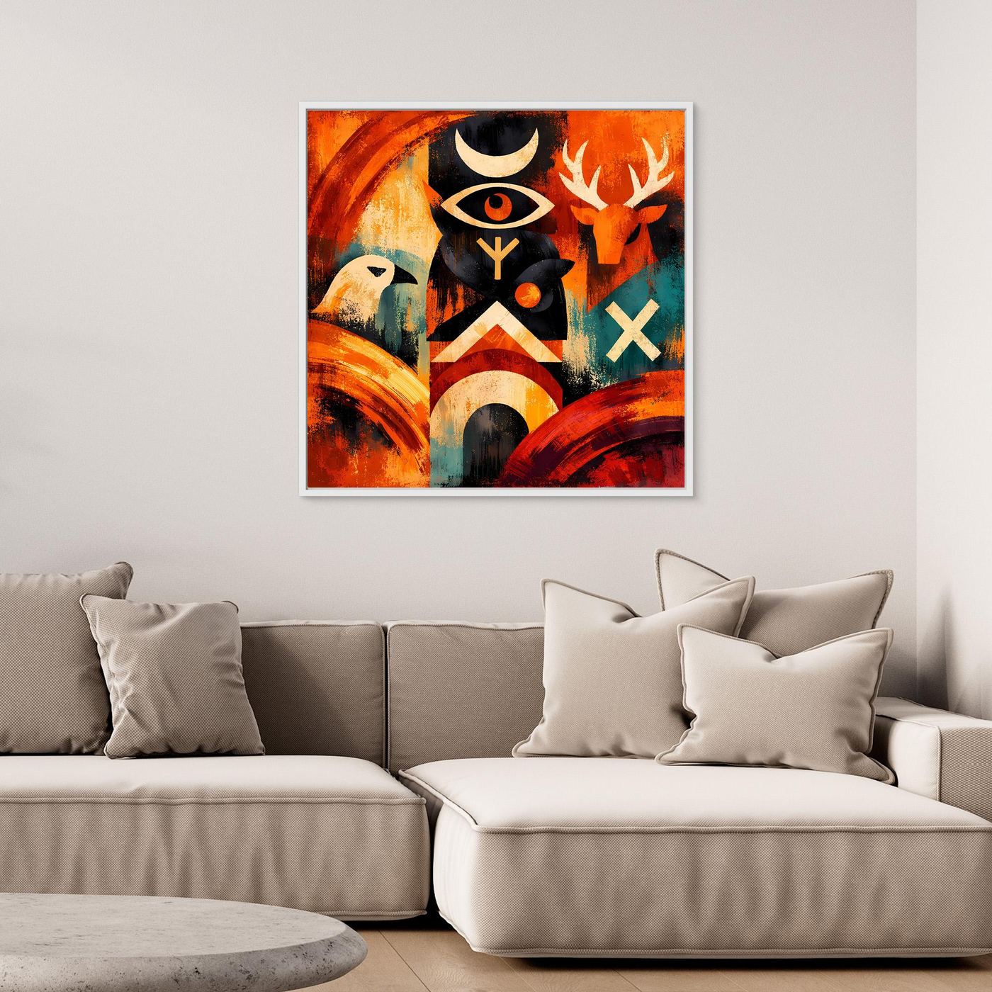 Leinwandbild mit abstraktem Totem und symbolischen Zeichen, warmes Farbspektrum, mit weißem Rand