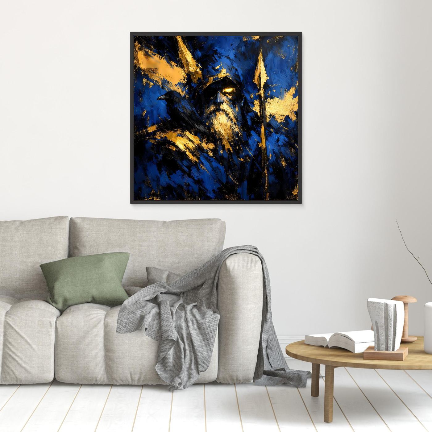 Leinwand Odin der Allvater in Blau und Gold | Modernes Nordische Mythologie Wandbild mit Rabe