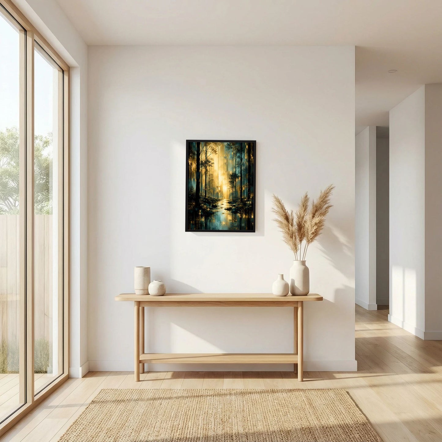 Hochformat-Poster mit Waldlandschaft in Türkis und Gold, schwarzer Rahmen über Konsole