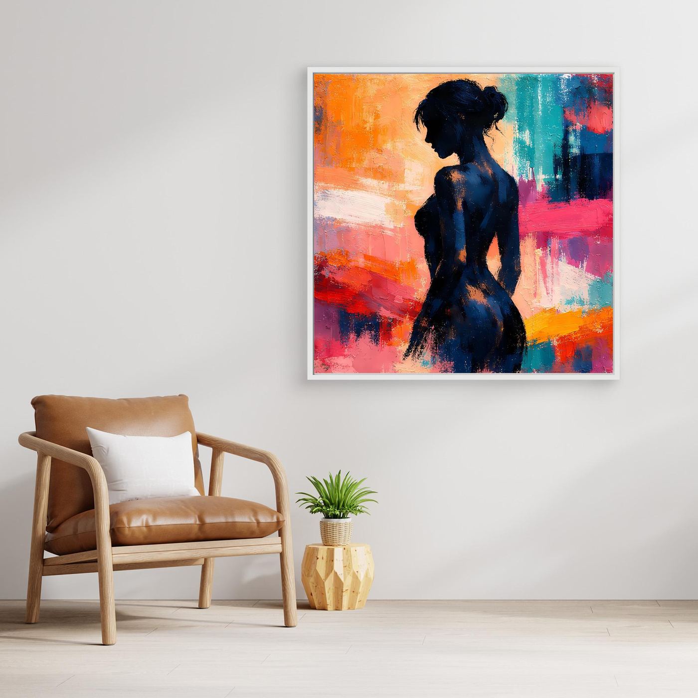 Gerahmtes Leinwand-Wandbild: Silhouette einer Frau, abstrakte Farbfelder in Blau, Orange und Pink.