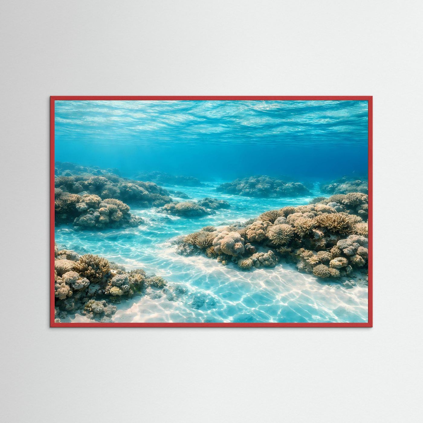 Wandbild Poster mit Korallenriff unter klarem Wasser, türkisfarbenes Motiv im roten Rahmen