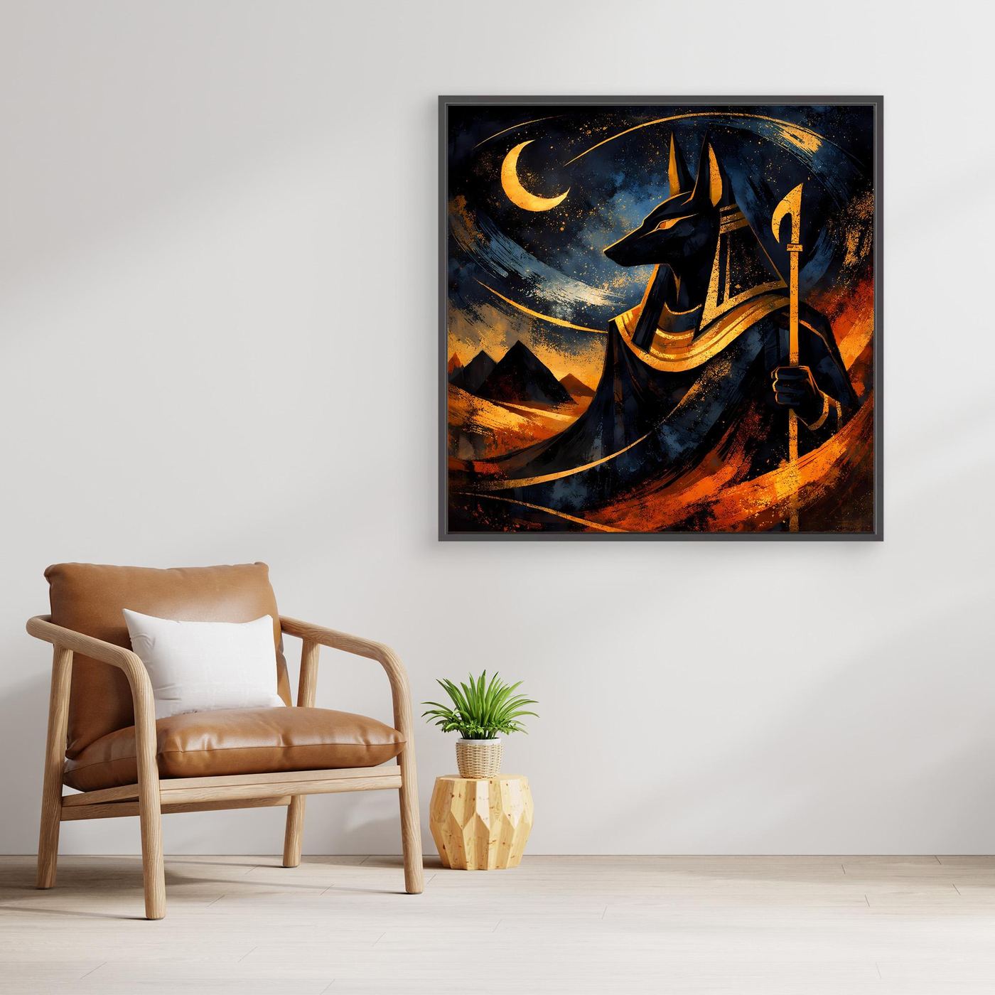 Wandbild mit Anubis in Nachtszene, schwarzer Rahmen, Leinwand