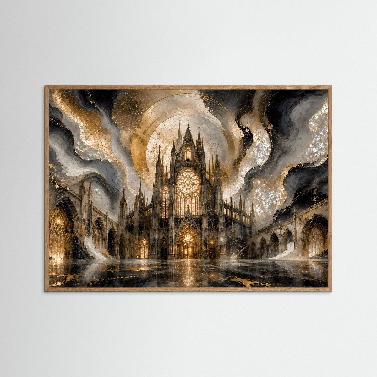 Gerahmtes Wandbild mit gotischer Kathedrale in Gold, perlmuttartige Lichtakzente
