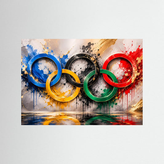 Kunstposter Querformat mit abstrakten Ringen in Blau, Gelb, Grün und Rot
