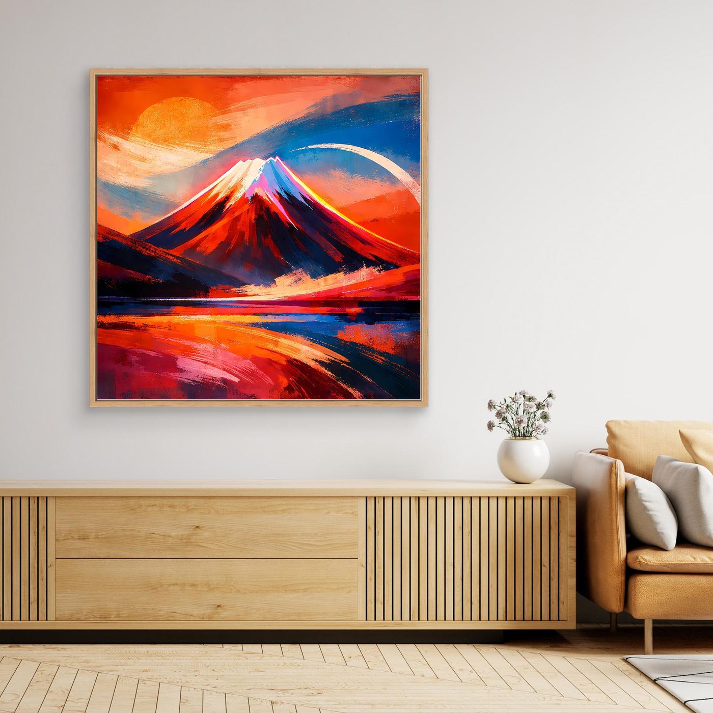 Gerahmtes Wandbild aus Leinwand: abstraktes Bergmotiv im Sonnenuntergang, Rot und Blau