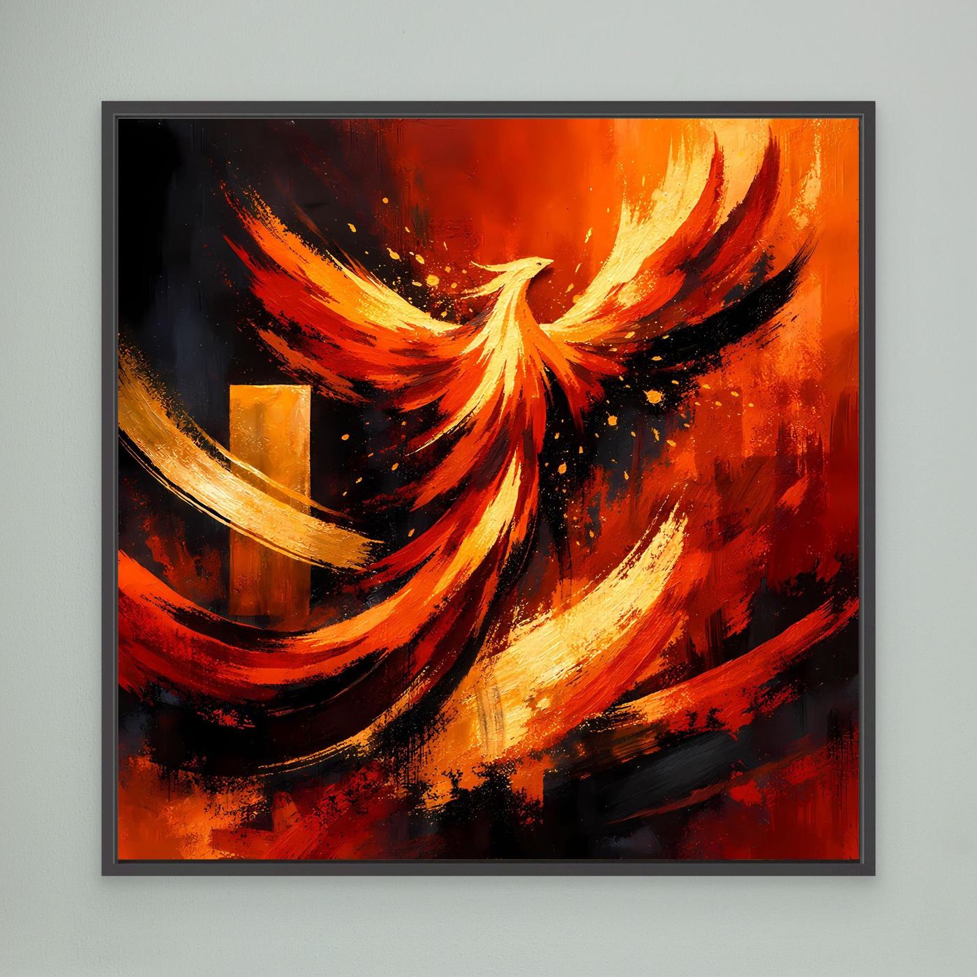 Wandbild mit Leinwandmotiv „Phönix aus der Asche“ in Rot, Gelb und Schwarz, mit schwarzem Rahmen