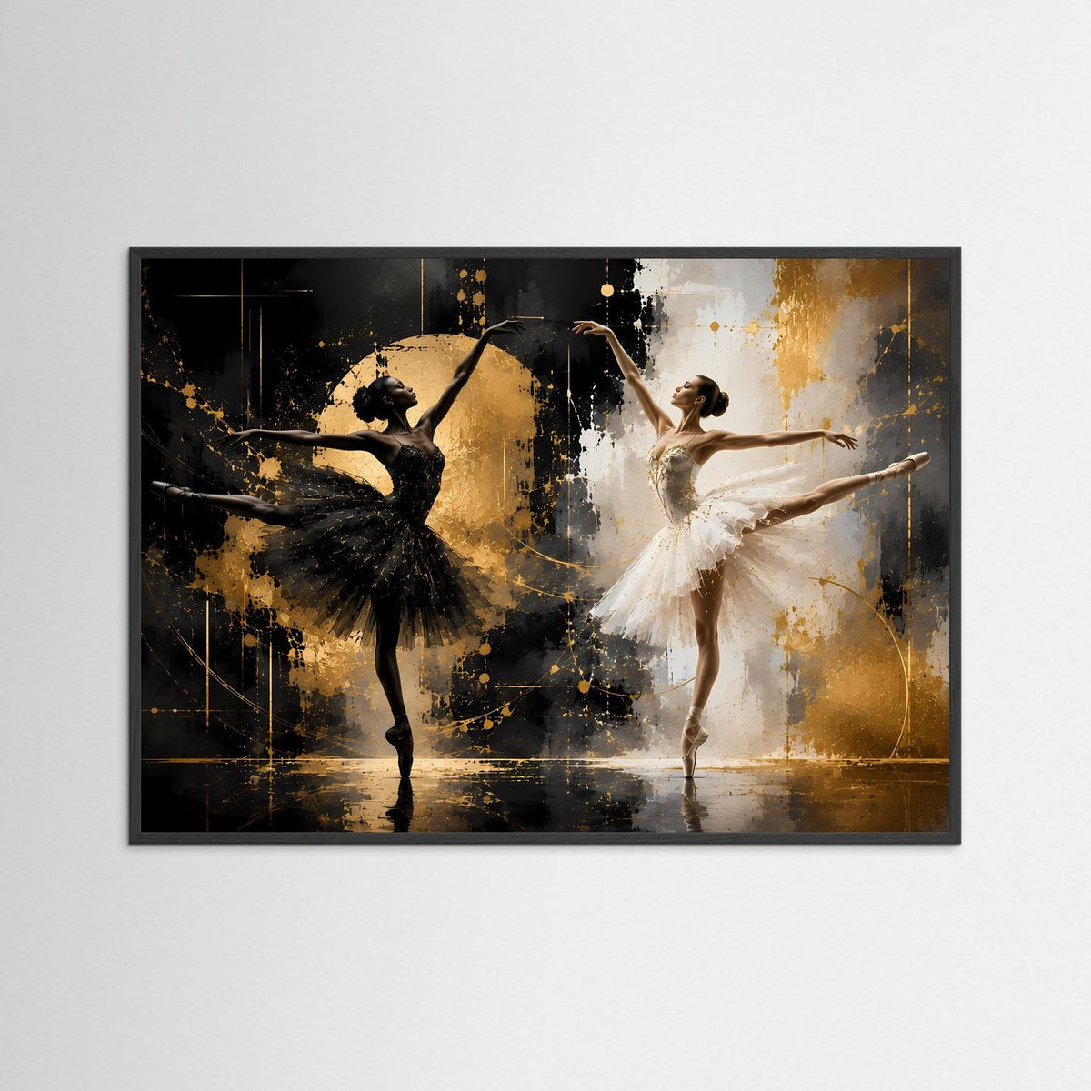 Poster im schwarzen Rahmen: zwei Balletttänzerinnen in Schwarz und Weiß mit goldenen Akzenten.
