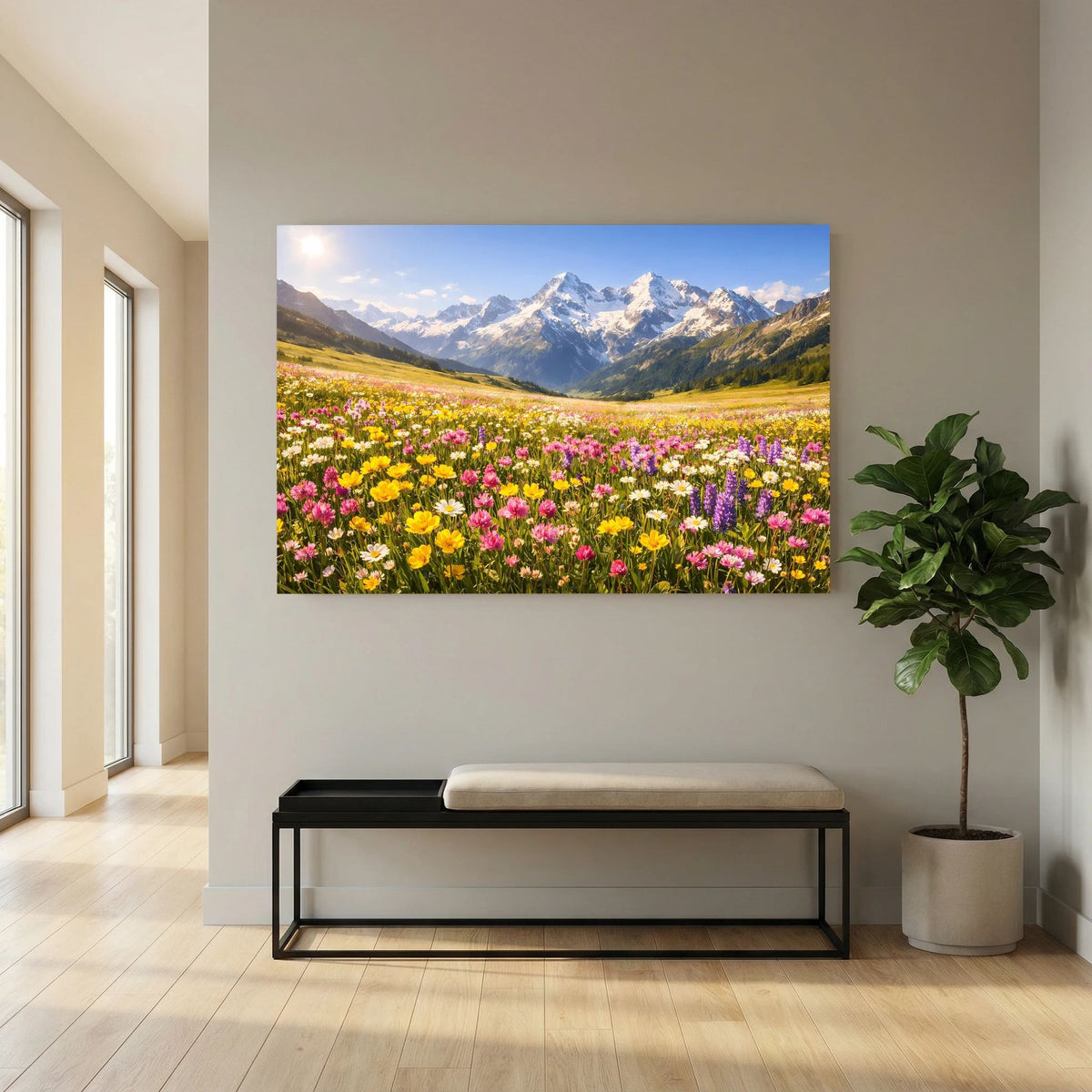 Wandbild im Querformat: blühende Berglandschaft mit bunten Blüten und Bergpanorama