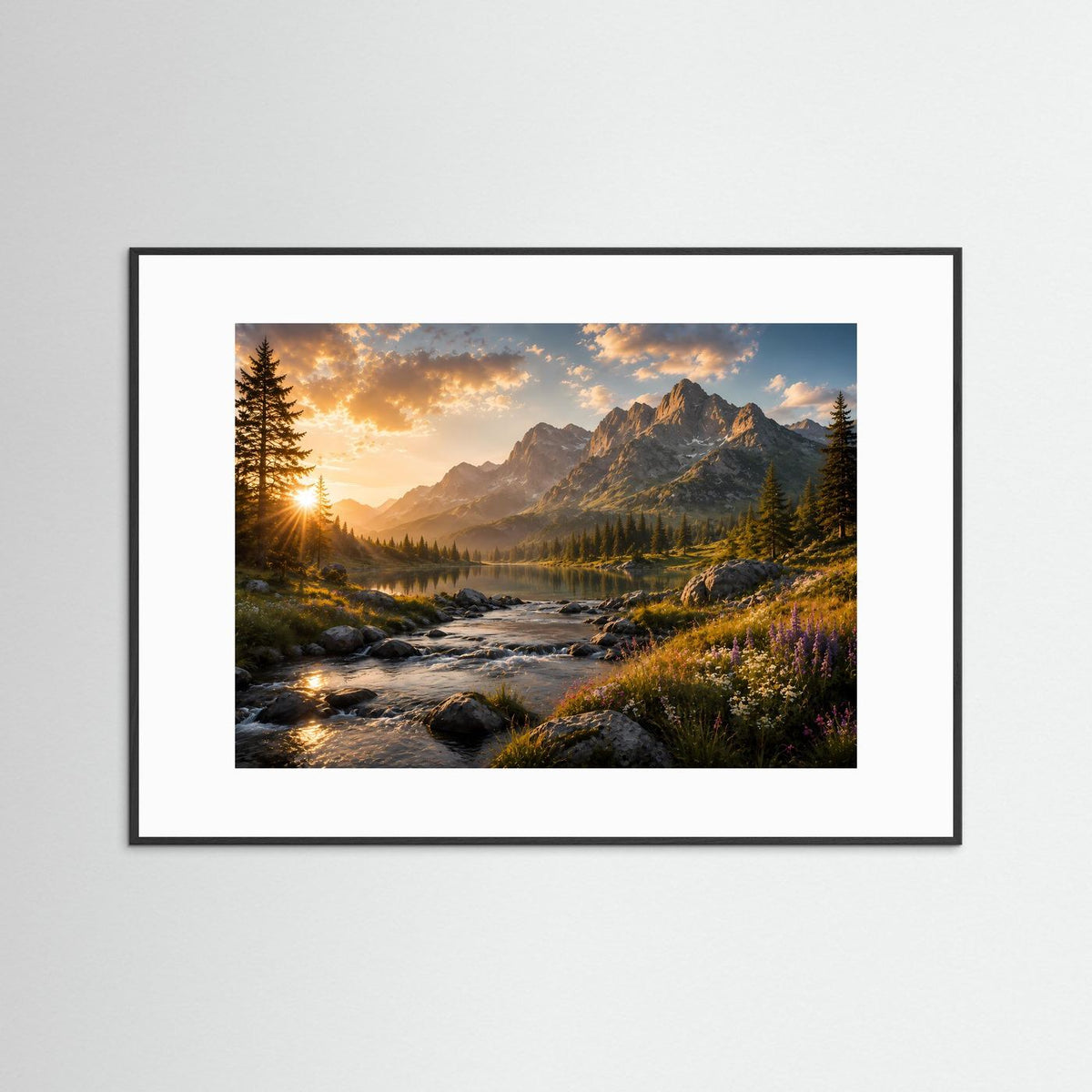 Poster mit schwarzem Rahmen und weißem Rand: Bergsee bei Sonnenuntergang, Berge, Tannen
