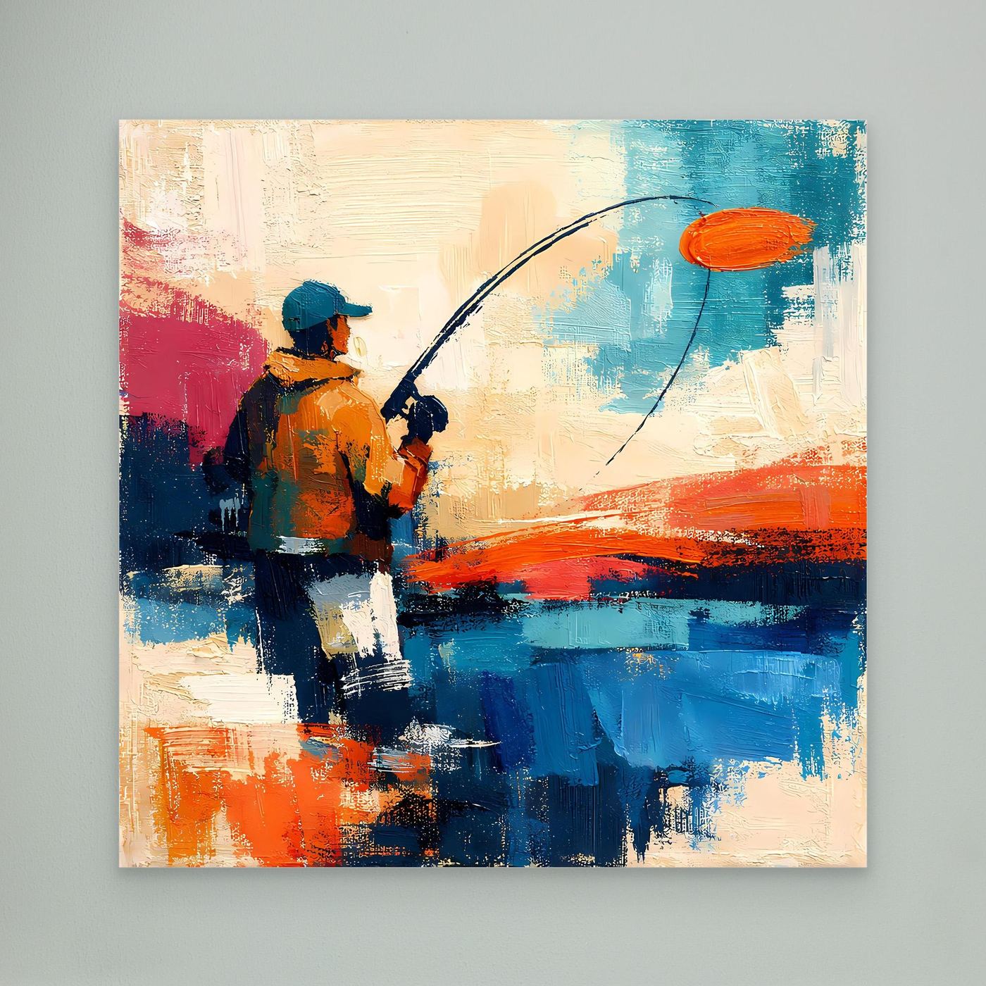 Abstract canvas wall art with an angler and fishing line over blue, orange, and teal paint.