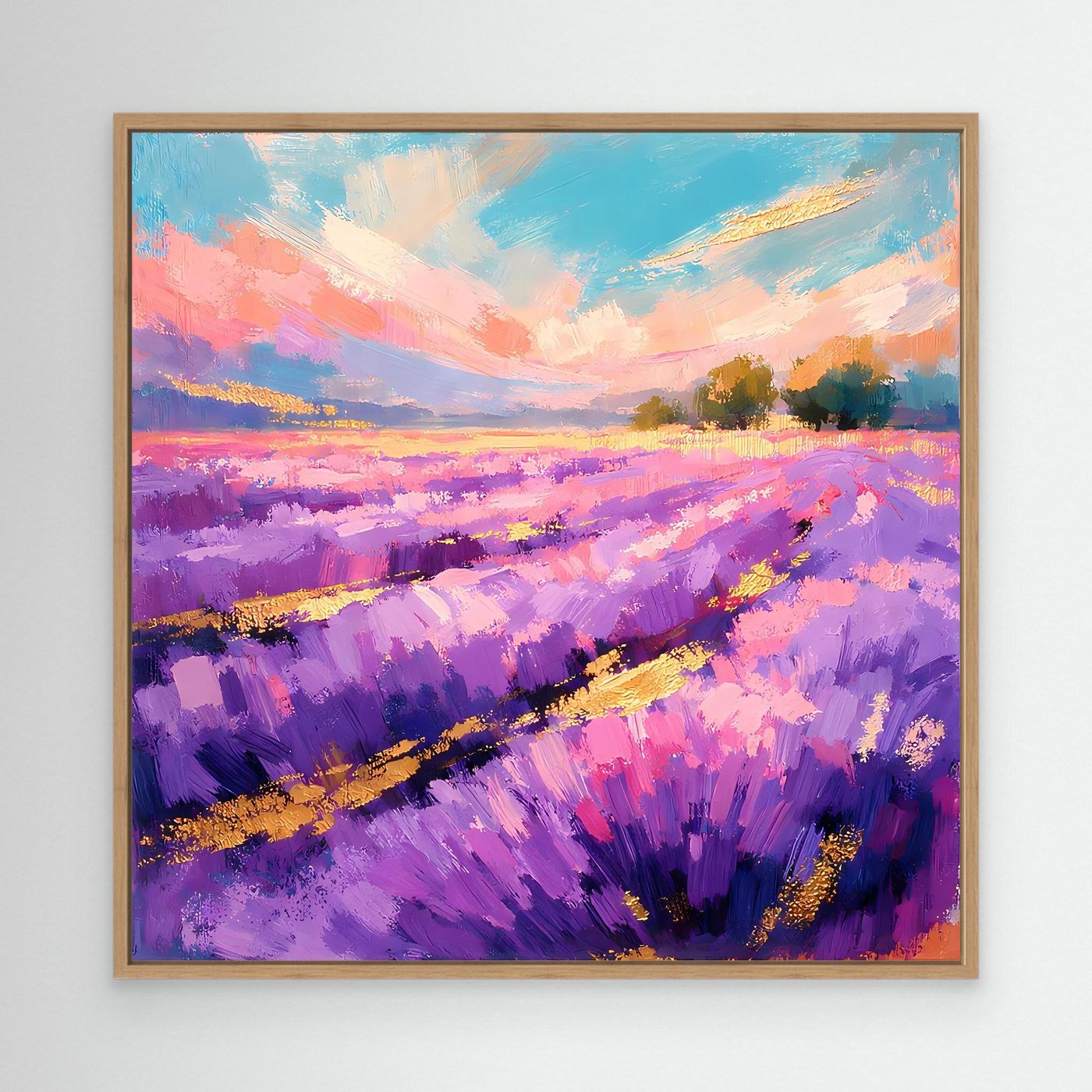 Abstraktes Leinwandbild mit violettem Lavendelfeld, im eichenfarbenen Rahmen
