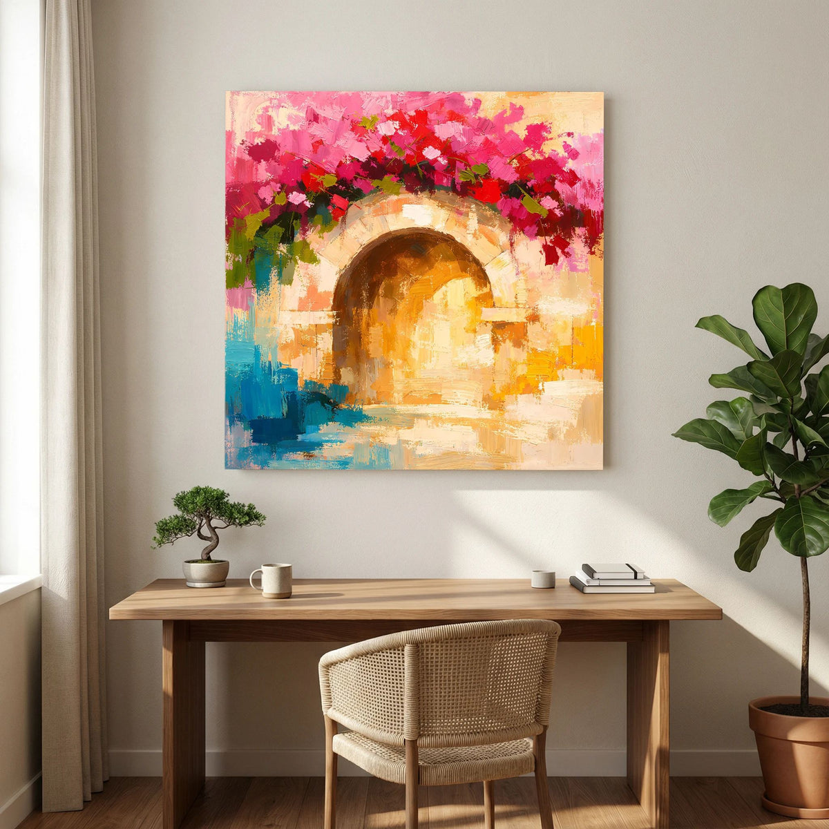 Leinwand-Wandbild mit Torbogenmotiv, orange-brauner Öffnung, roten Bougainvillea-Blüten