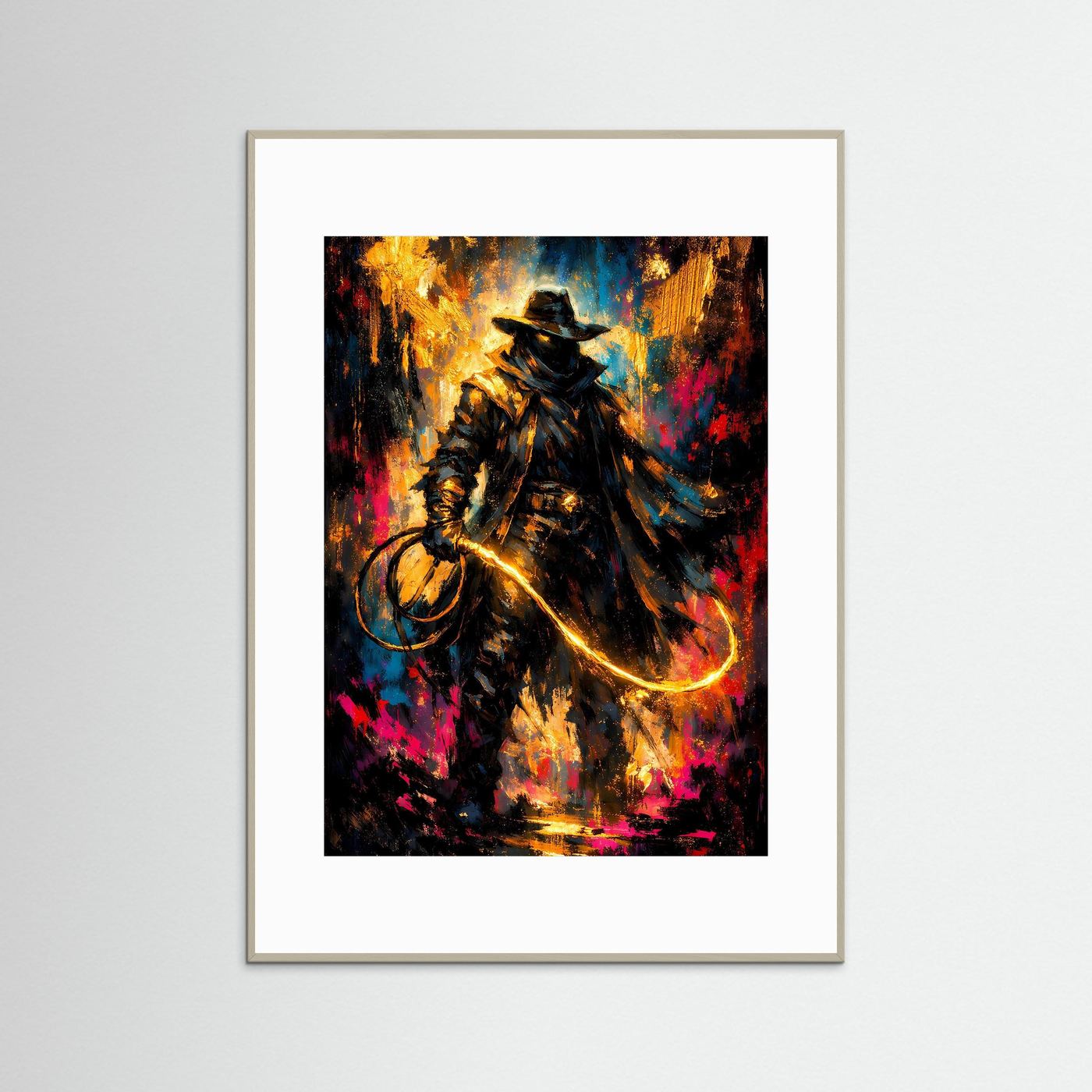 Cowboy-Poster im Hochformat mit goldener Peitsche, bunt abstraktes Motiv im grauen Rahmen