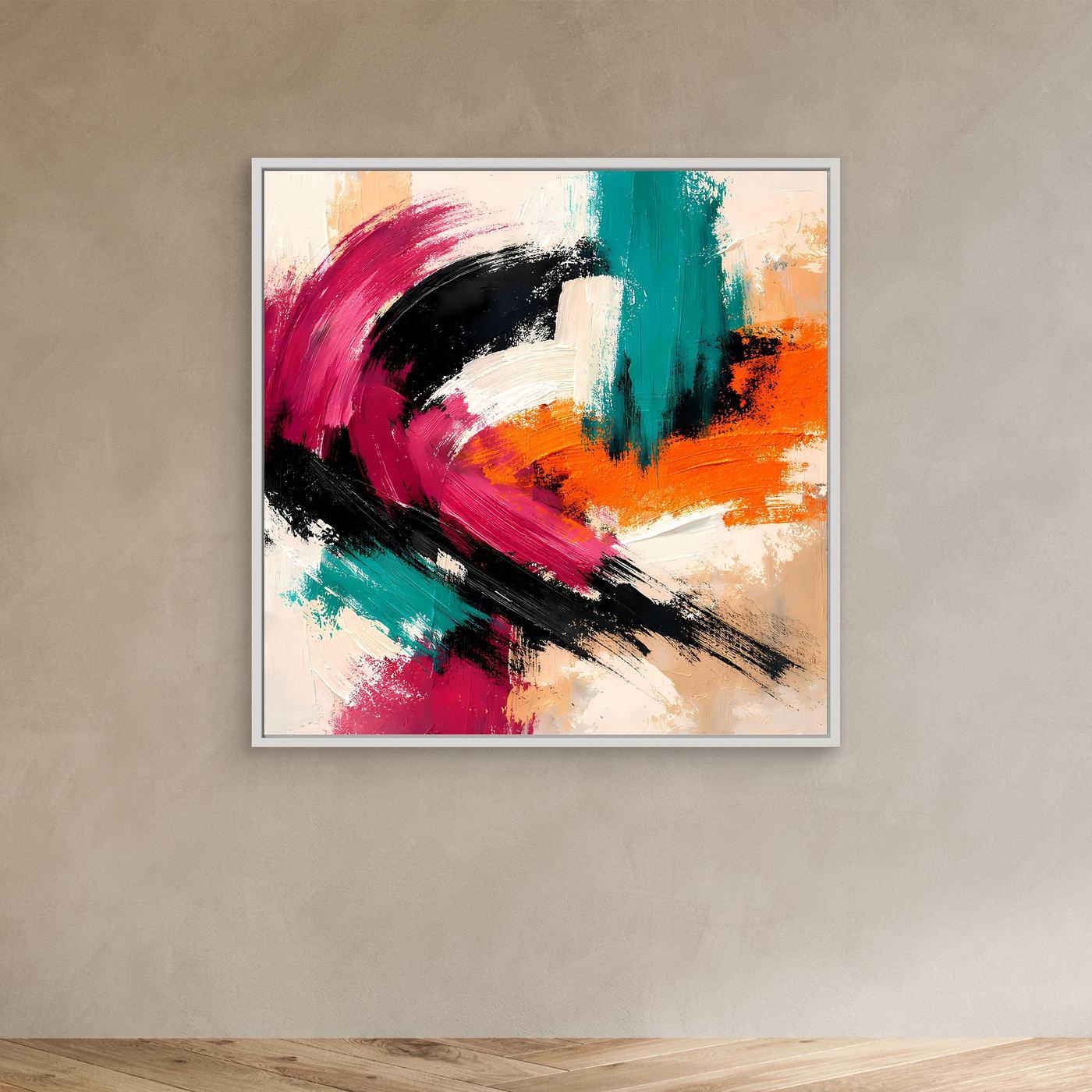 Abstraktes Wandbild auf Leinwand mit weißem Rahmen: Pink, Türkis, Orange und Schwarz.