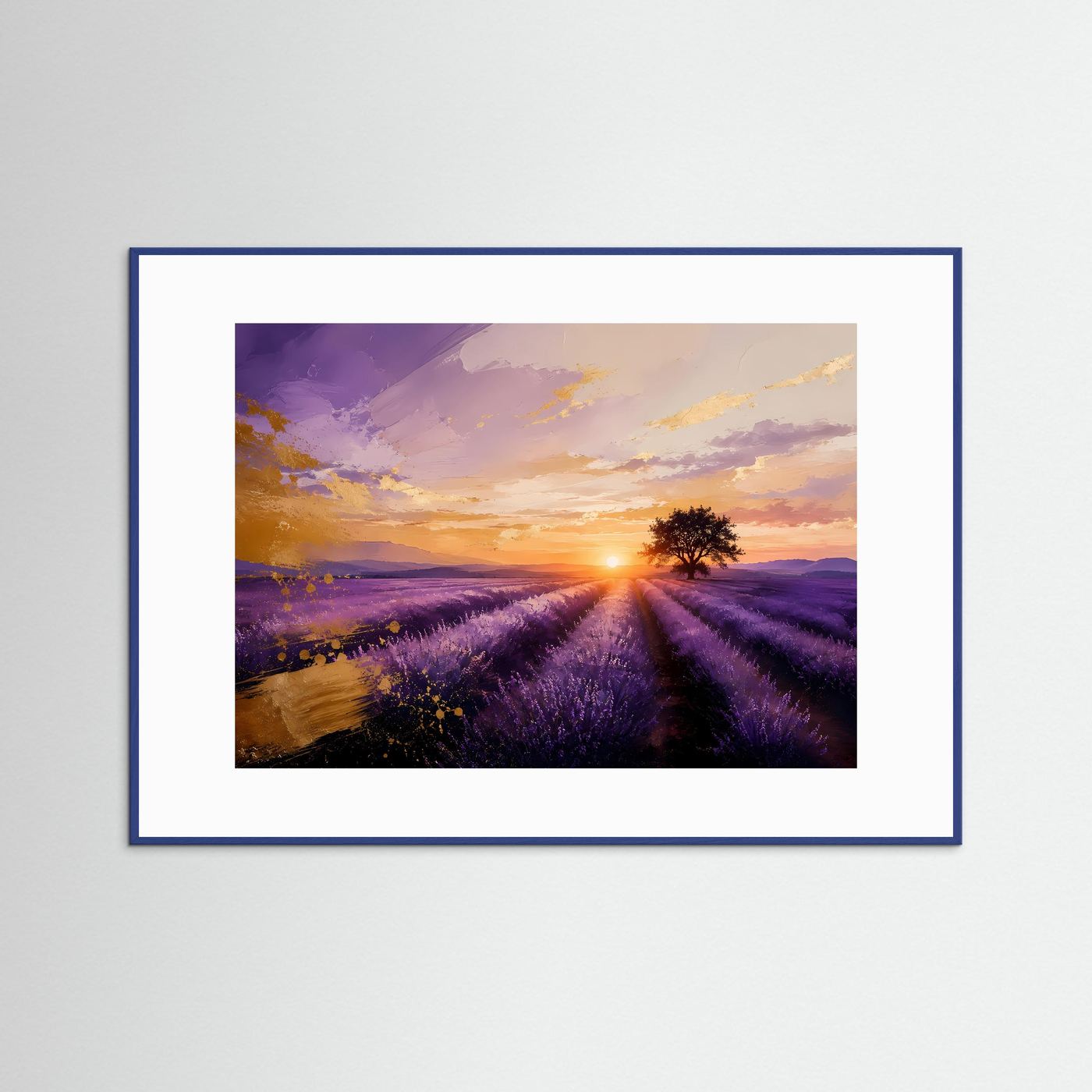 Wandbild mit Lavendelfeld und Sonnenuntergang, blauer Rahmen