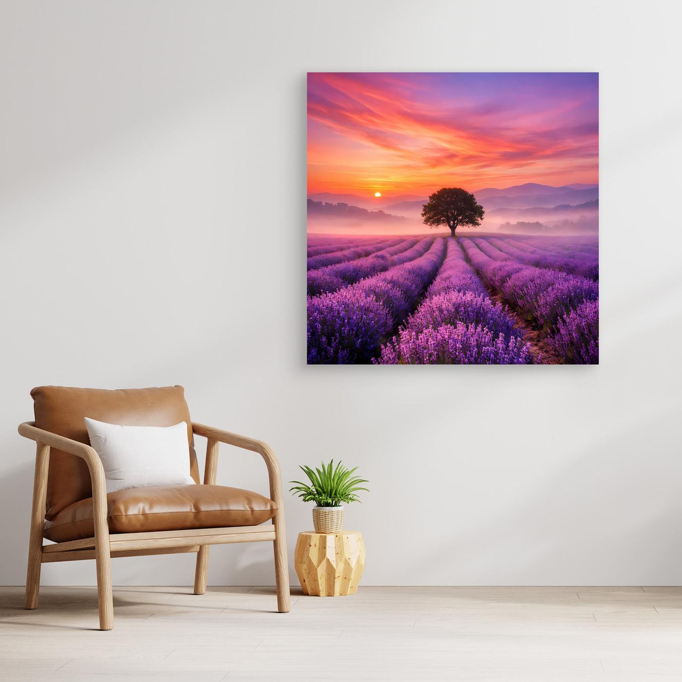 Wandbild auf Leinwand mit Lavendelfeld bei Sonnenaufgang, Wolken und einzelner Baumfigur