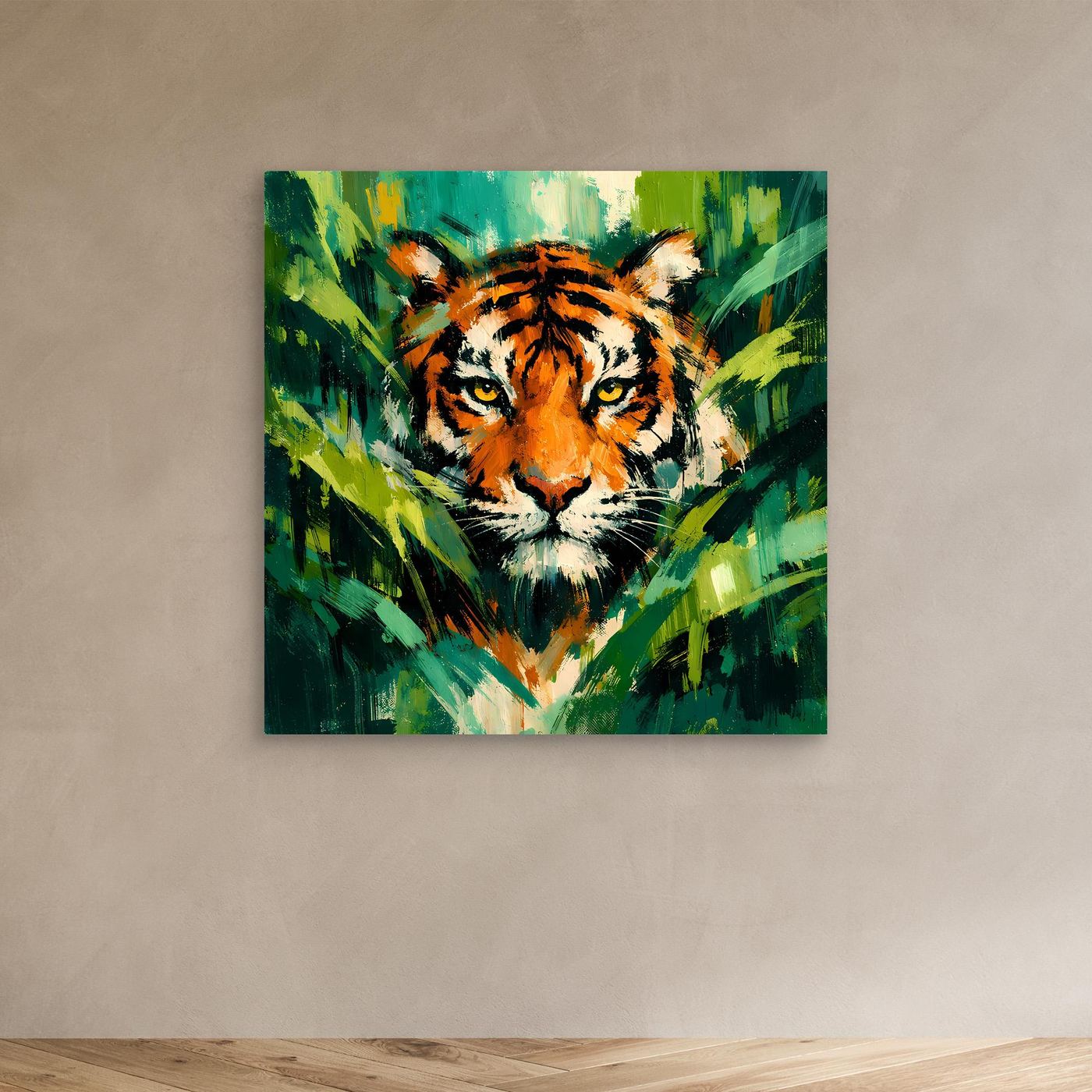 Leinwand Abstraktes Tiger Gemälde | Modernes Wandbild Raubkatze Dschungel Grün Orange