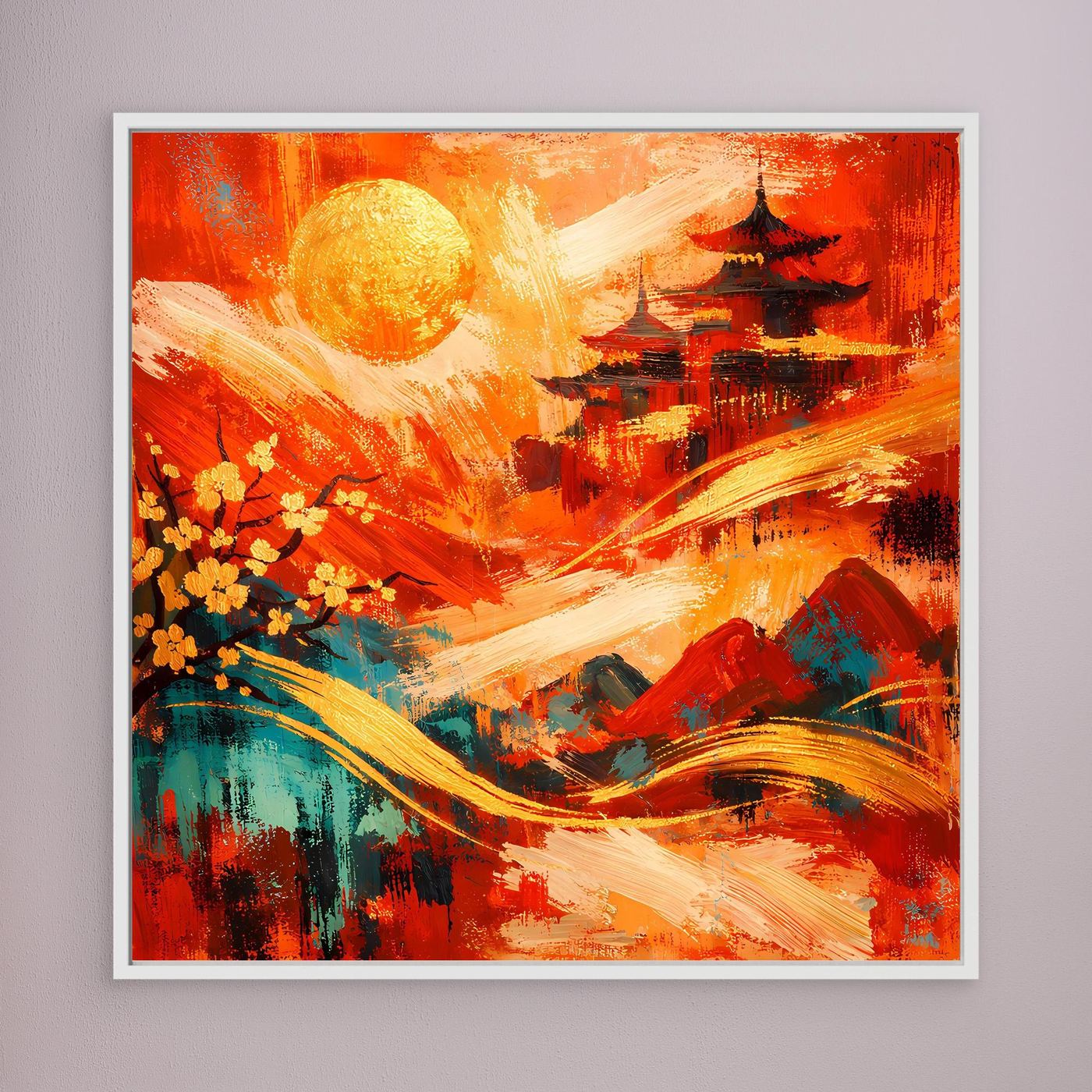 Abstraktes Leinwandbild „Pagode“ mit weißem Rahmen: rot, goldene Sonne, Blumen und Pagode