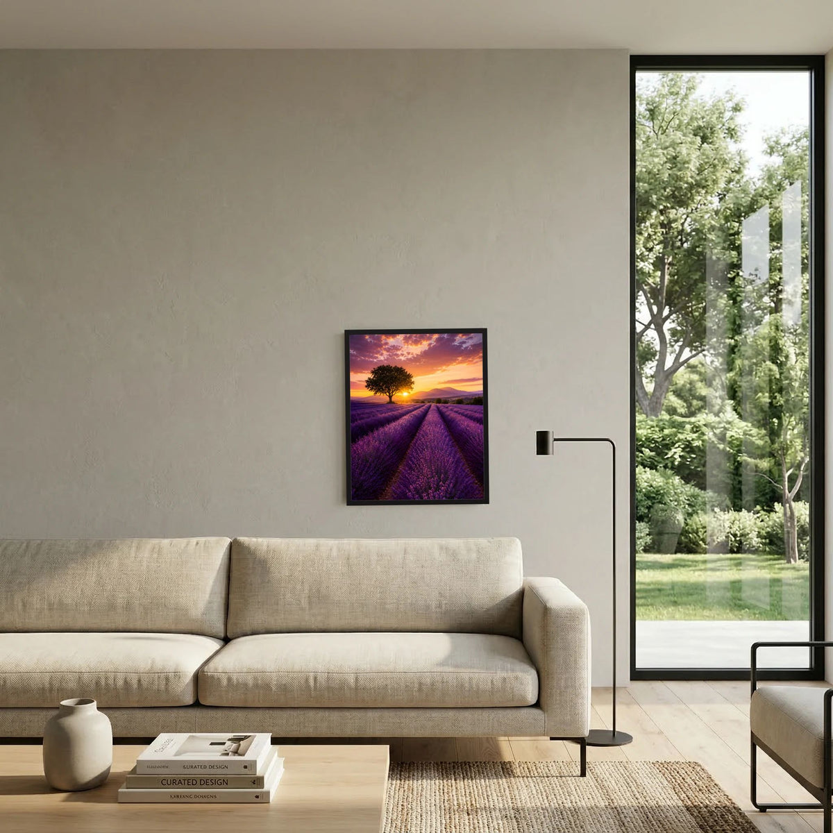 Gerahmtes Lavendelfeldposter auf beiger Wand über Sofa, violette Lavendelfelder bei Sonnenuntergang