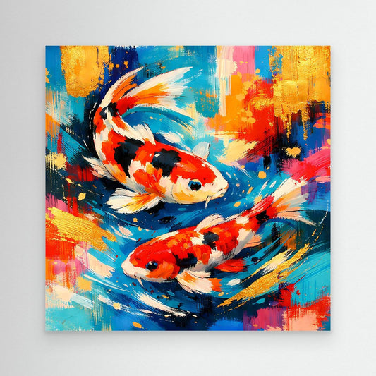 Leinwandbild mit zwei Koi-Fischen, abstrakte Farbflächen in Blau, Rot und Weiß, ohne Rahmen