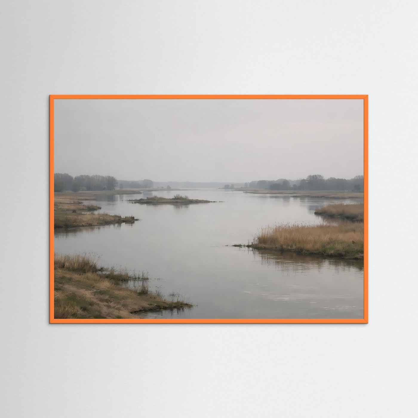 Gerahmtes Poster mit Flusslandschaft und orangefarbenem Rahmen