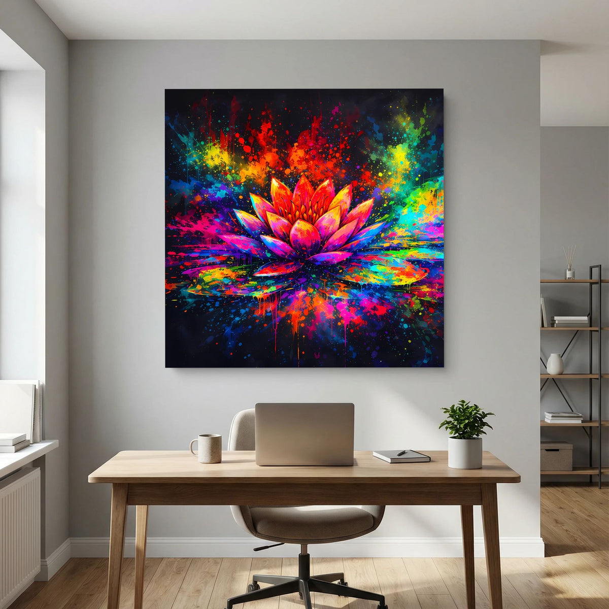 Rechteckiges Leinwandbild mit leuchtender Lotusblüte, spritzende Farbflächen auf dunklem Hintergrund