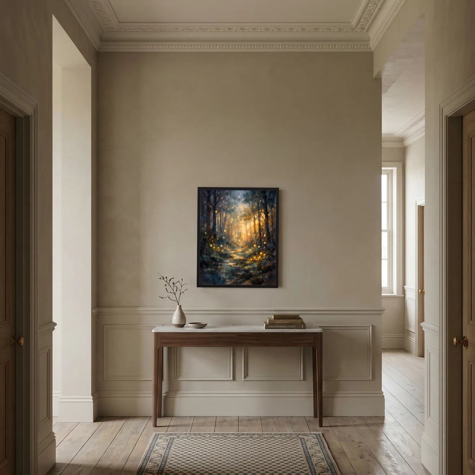Wandbild-Poster mit dunklem Wald und goldenen Lichtpunkten im schwarzen Rahmen