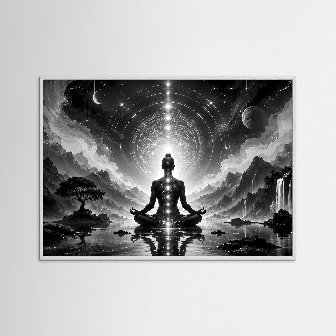 Meditation Schwarz Weiß | Spirituelles Wandbild mit Chakren & Heiliger Geometrie