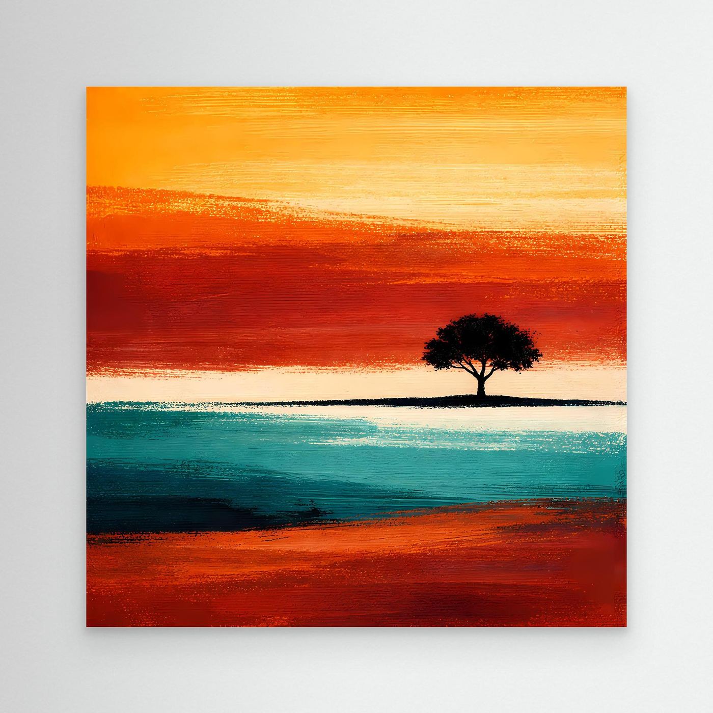 Leinwandbild mit abstraktem Baum am Horizont in Türkis und Orange, ohne Rahmen
