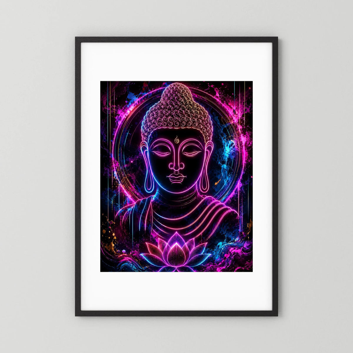 Neon-Buddha-Kunstwerk im schwarzen Rahmen mit weißem Rand, Pink-Blau Lotus