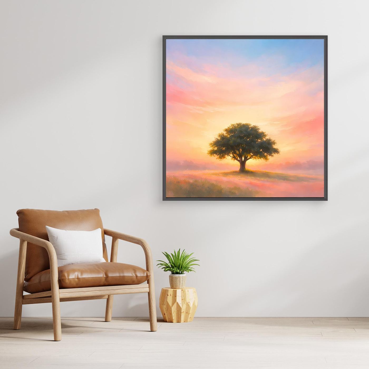 Leinwandbild einsamer Baum im Sonnenaufgang, Pastell, mit schwarzem Rahmen