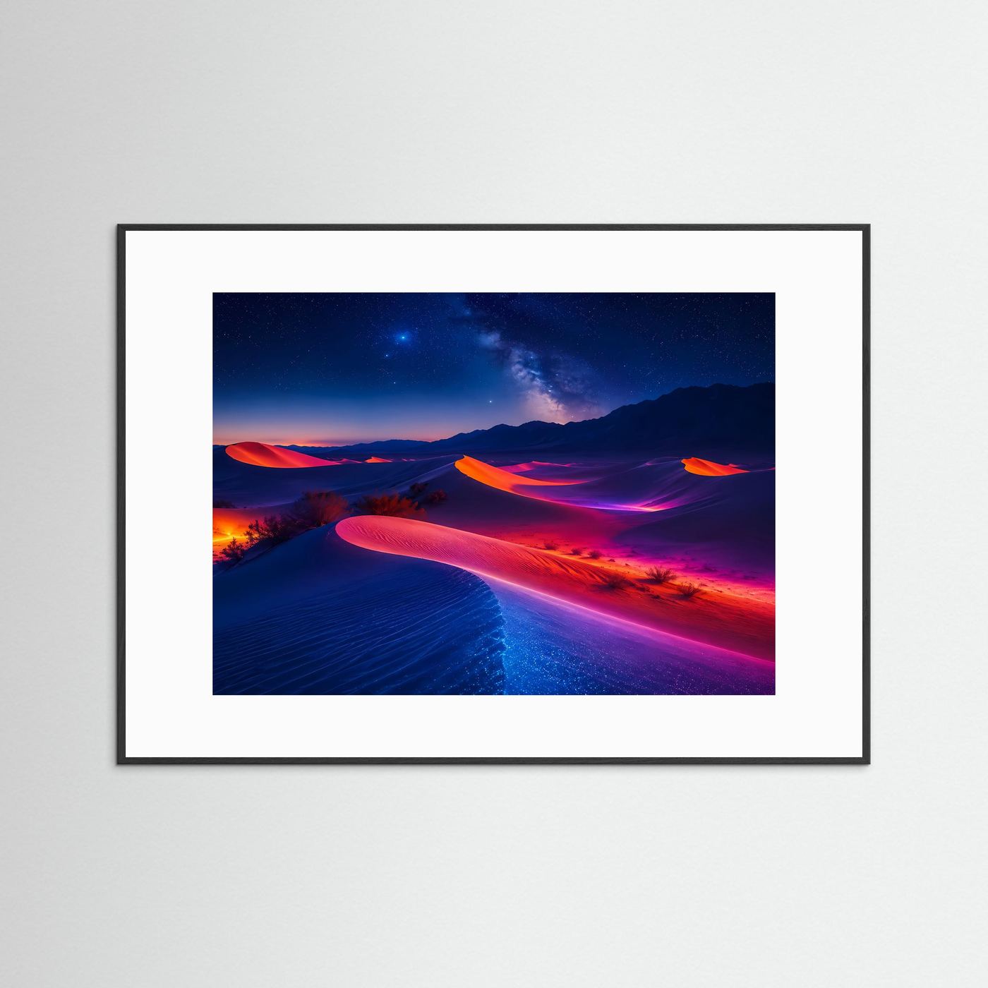 Leuchtende Neon-Wüste bei Nacht | Futuristische Dünen Landschaft Poster Querformat