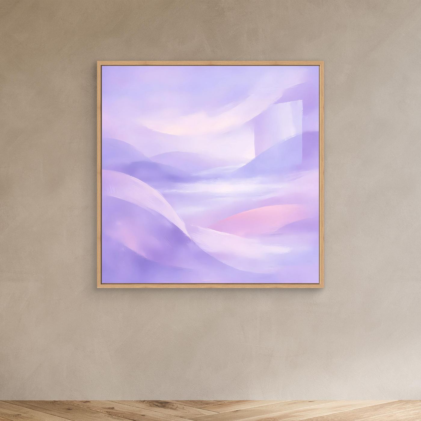 Abstraktes Leinwandbild mit Pastellhügeln in Violett- und Rosatönen, Eichenrahmen