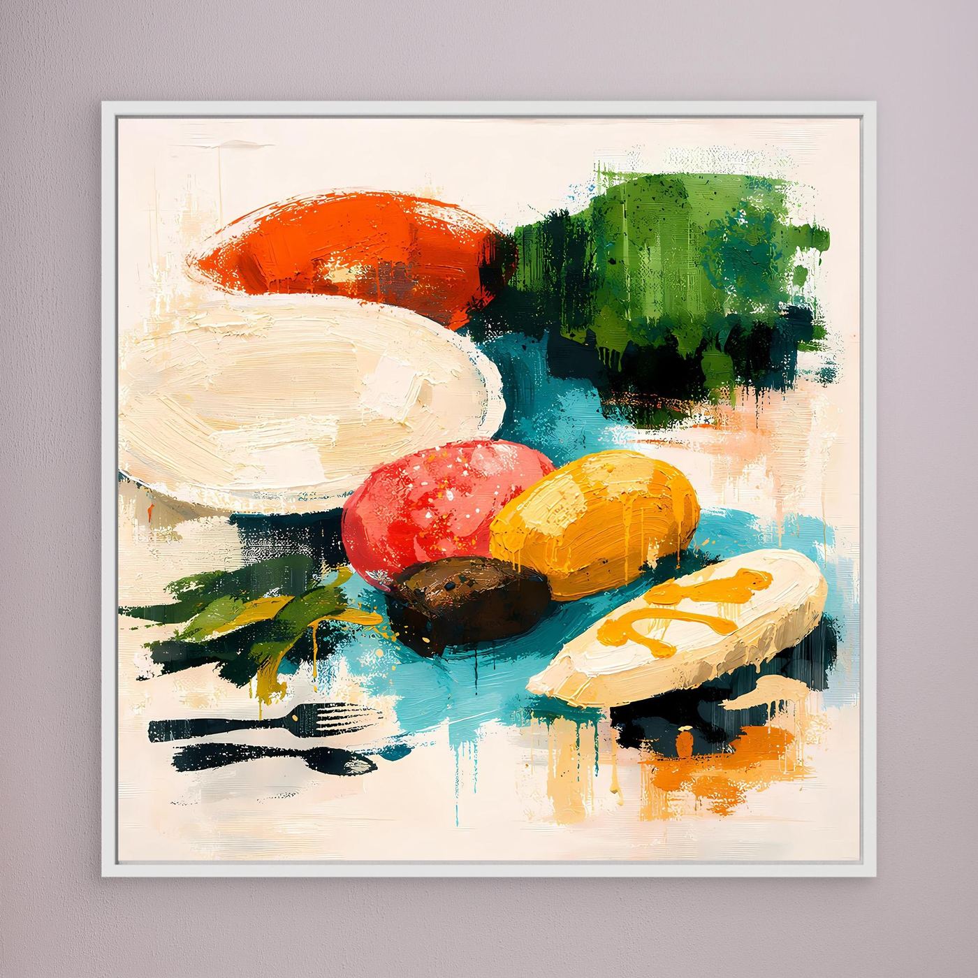 Abstraktes Wandbild, weiß gerahmt; Stillleben mit Oliven und Obst in leuchtenden Farben.