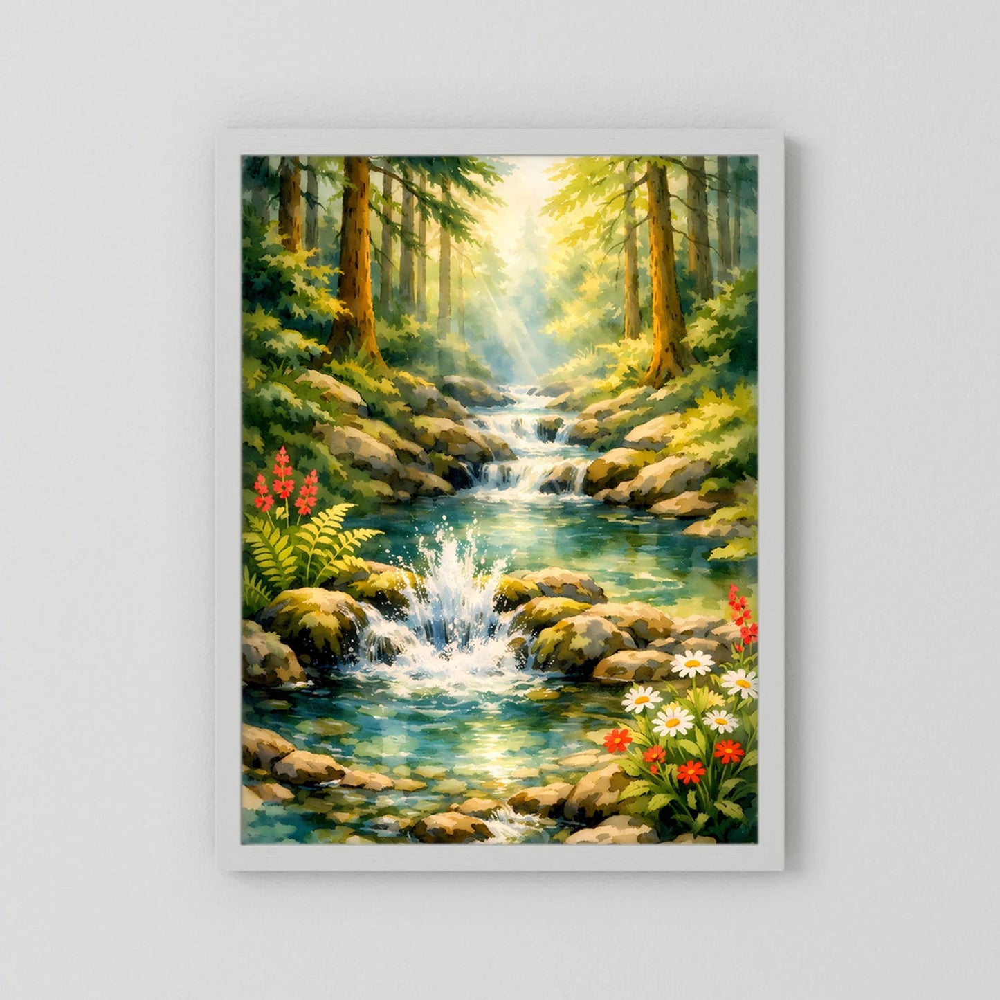 Poster mit Waldidylle und Wasserfall, weißer Rand ohne sichtbaren Rahmen