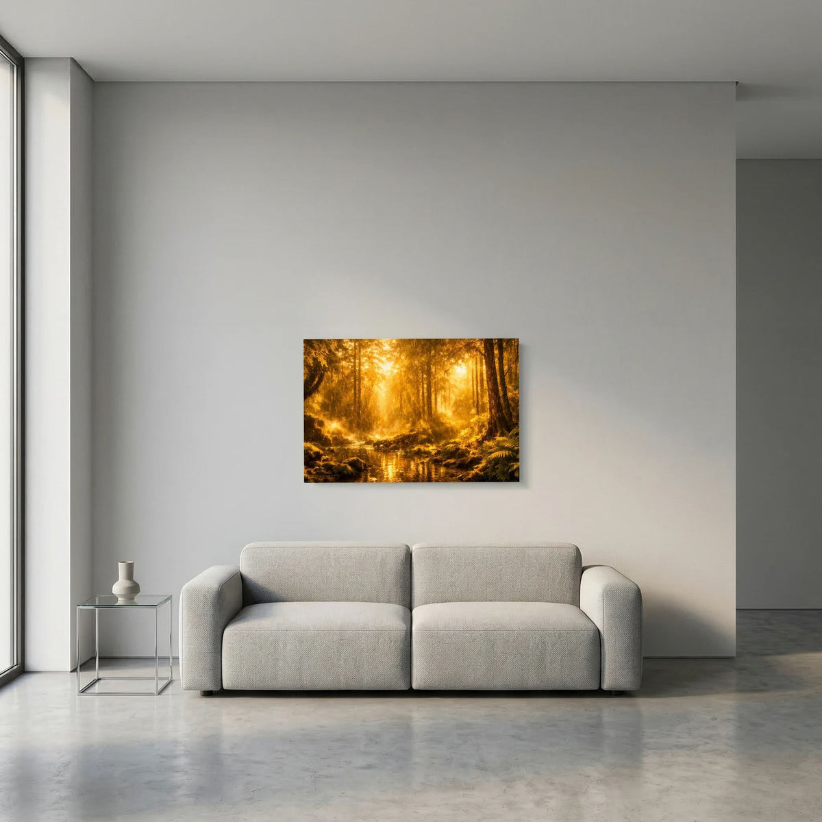 Wandbild mit goldener Waldlandschaft und Fluss, Querformat