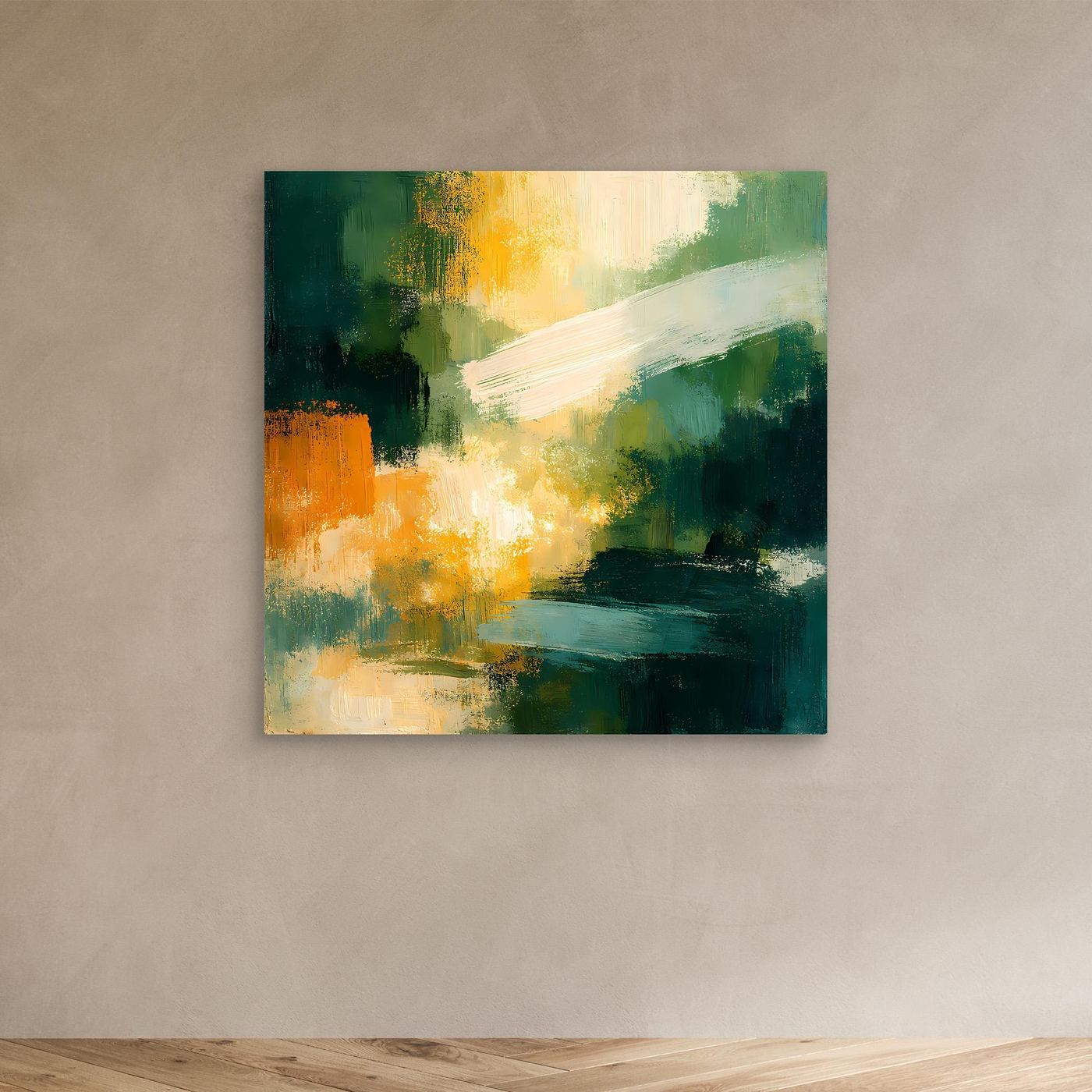 Abstraktes Leinwand-Wandbild mit grünem und gelbem Farbverlauf sowie orangefarbenen Flächen, ohne Rahmen